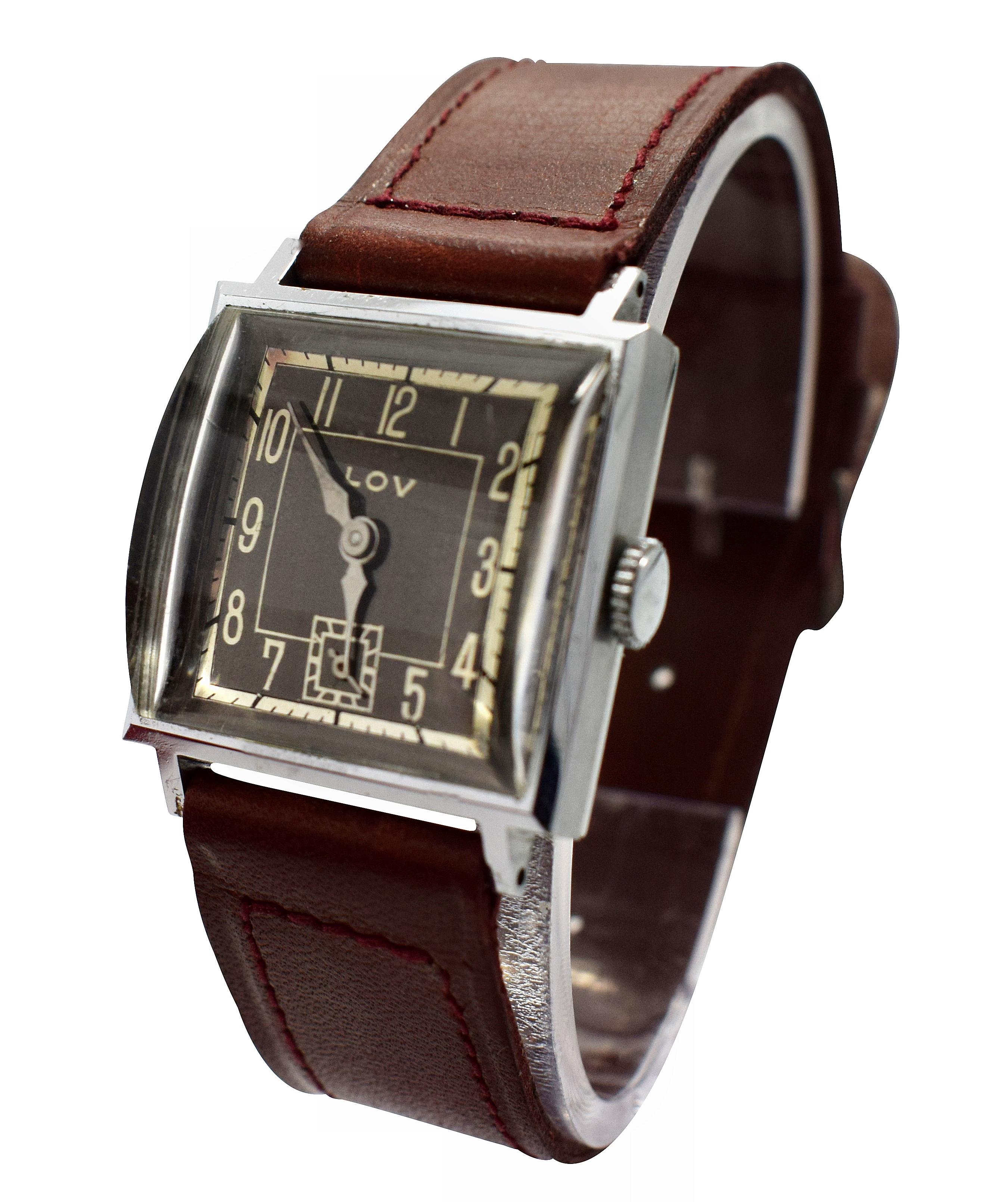 Original Art Deco Gents Wrist Watch by Lov or Never Worn, circa 1930 2