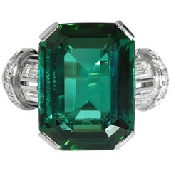 Bague en platine Art Déco GIA 9::40 carats avec tourmaline verte-bleue et diamant