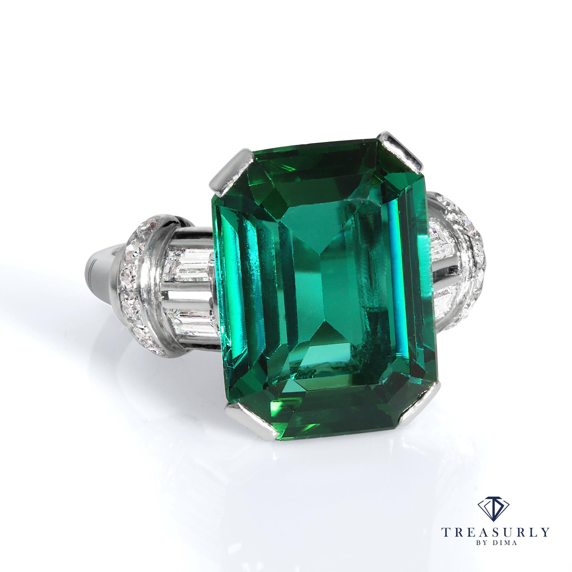 GIA 8.72ct Green-Blue Tourmaline in Original Art Deco Diamond Platinum Ring.

The finest examples of Art Deco engagement rings were hand fabricated and impeccably finished with hand tooled engraving . No expense was spared in producing these
