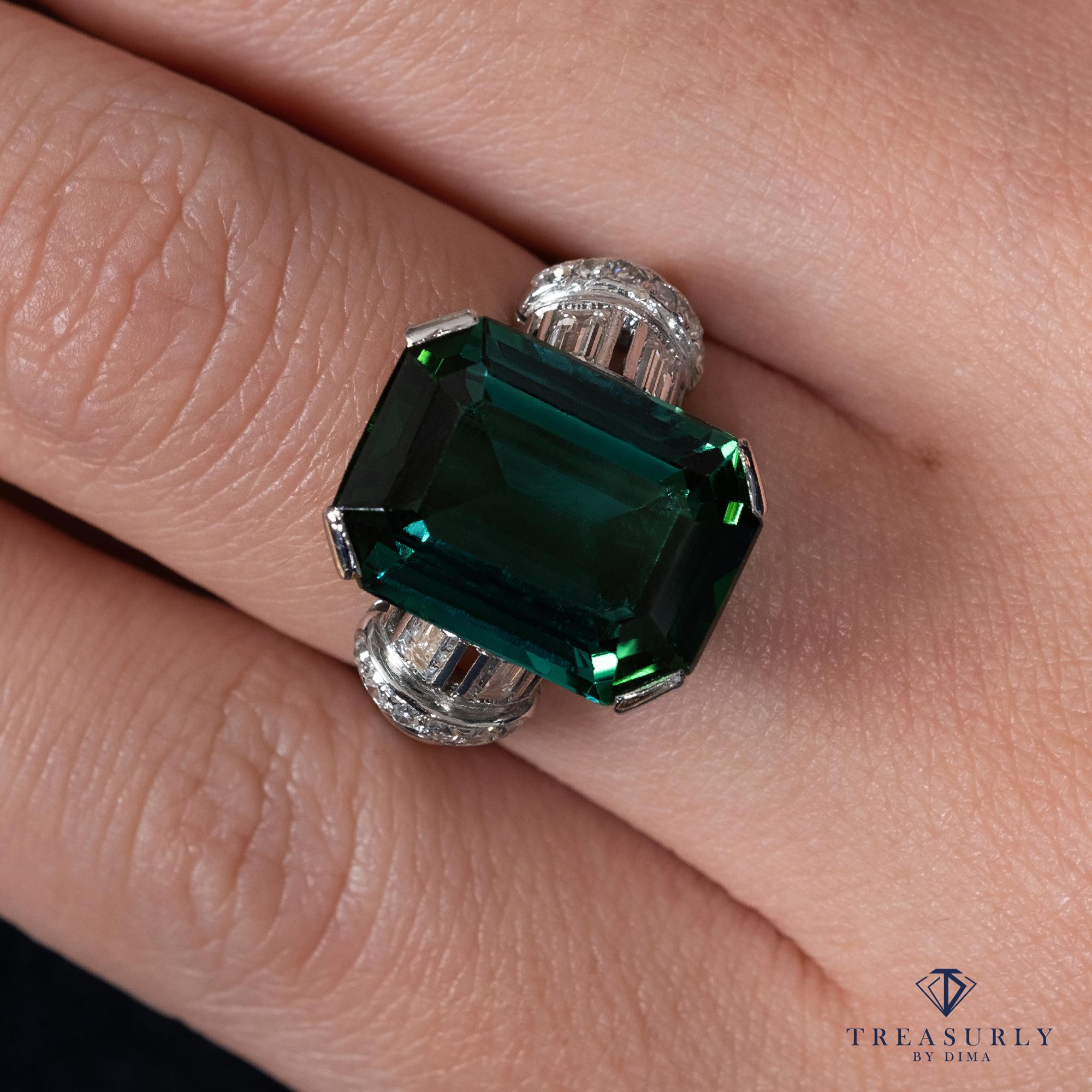 Original Art Deco GIA 9::40 Karat Grün-Blauer Turmalin Diamant Platin Ring (Art déco)