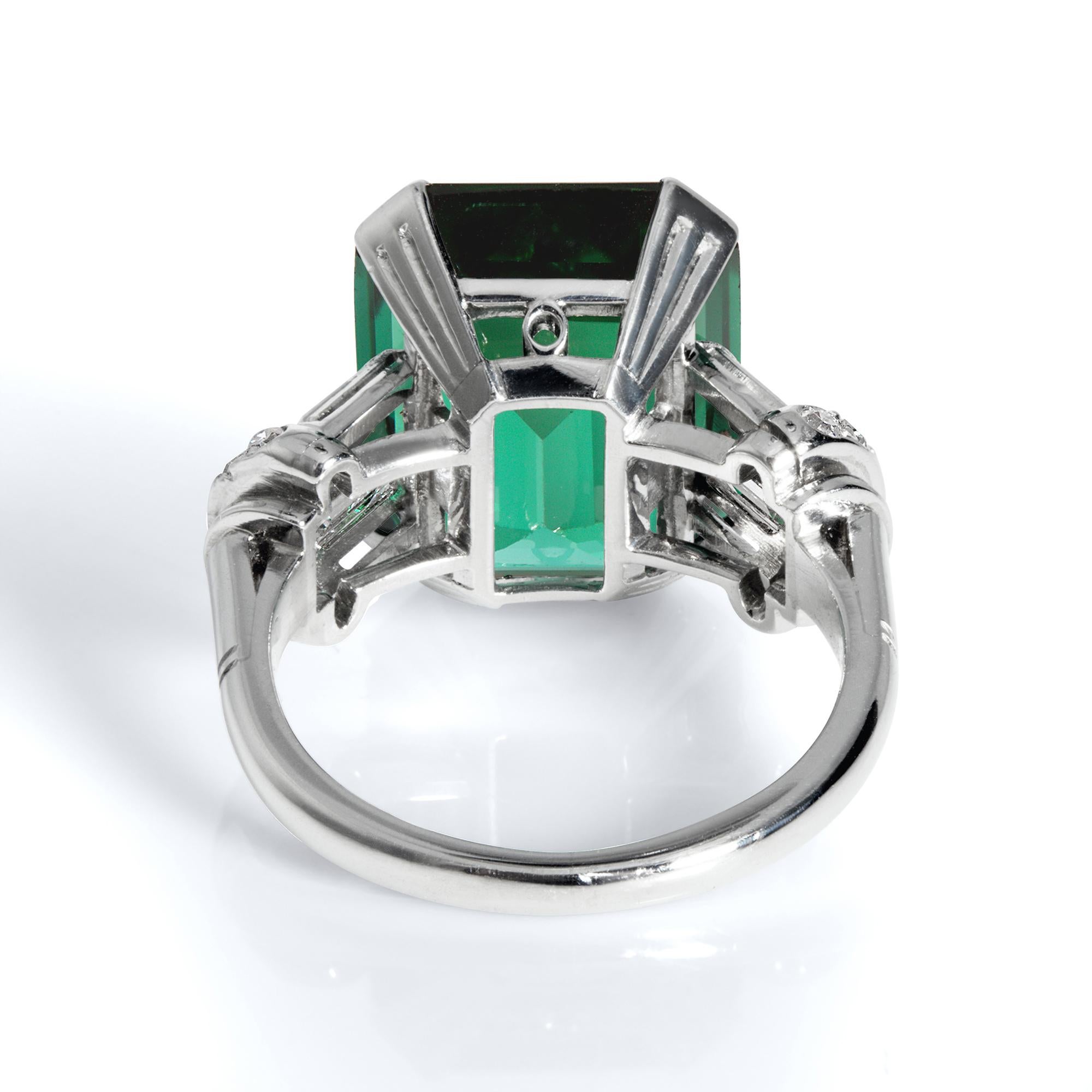Emerald Cut Original Art Deco GIA 9.40 Carat Green-Blue Tourmaline Diamond Platinum Ring