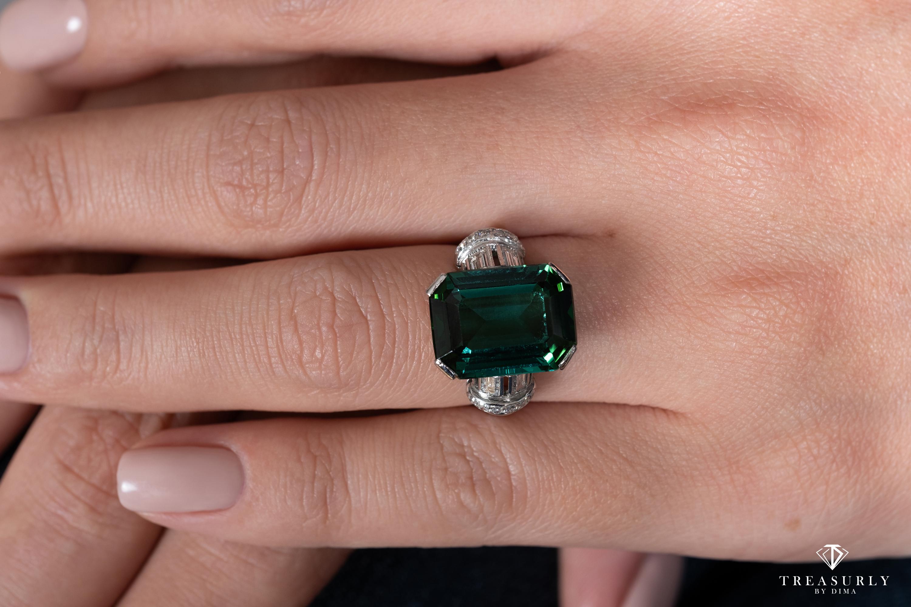 Original Art Deco GIA 9.40 Carat Green-Blue Tourmaline Diamond Platinum Ring 1