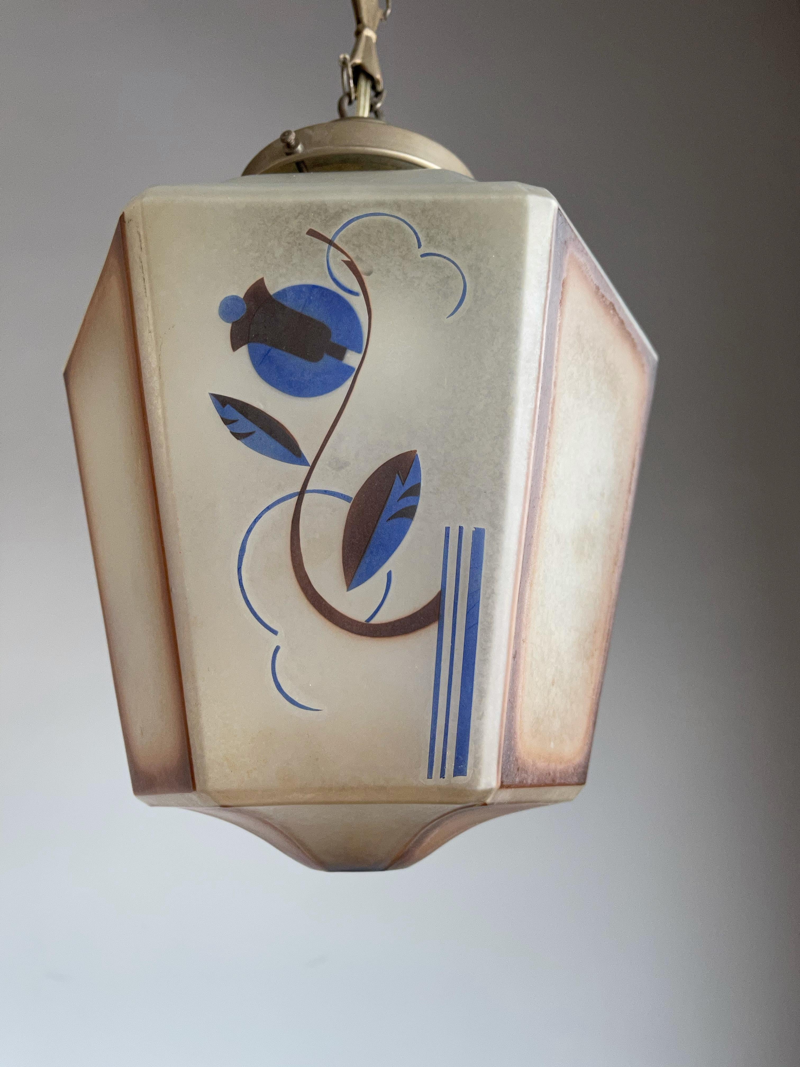 Handcrafted and stylish Art Deco lantern or ceiling lamp for your stairwell, hallway or bedroom.

This all handcrafted, practical size and beautiful looking ceiling lamp is another one of our recent great finds. The beautiful overall design is what