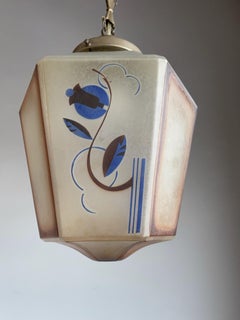 Original Art Deco Pendant from Glass & Brass w Stylized Flower & Leaf Decor 1920