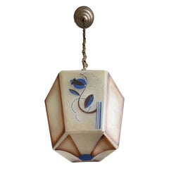 Antique Original Art Deco Pendant from Glass & Brass w Stylized Flower & Leaf Decor 1920