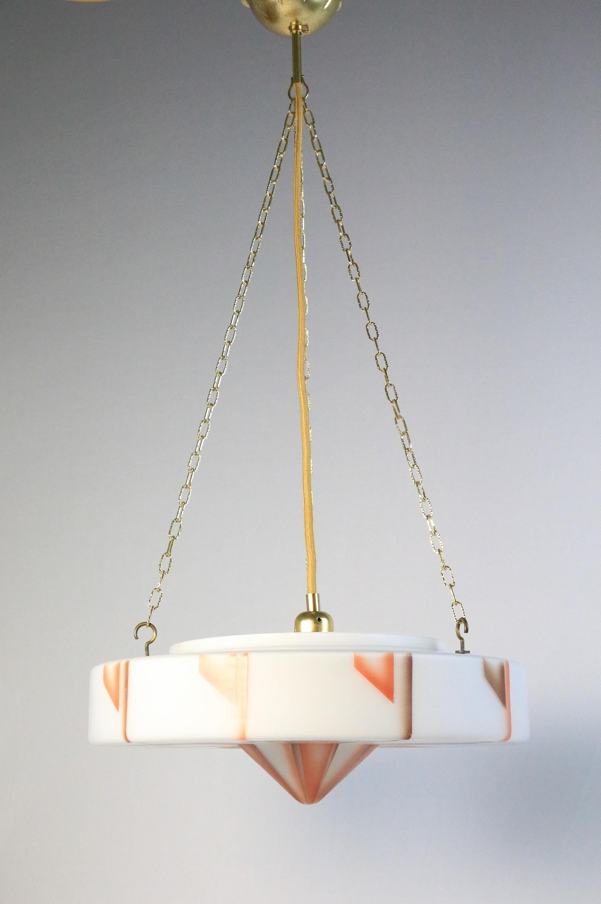 Tedesco Originale lampada a sospensione in vetro Art Deco, lampada, vetro, motivo geometrico1940 in vendita