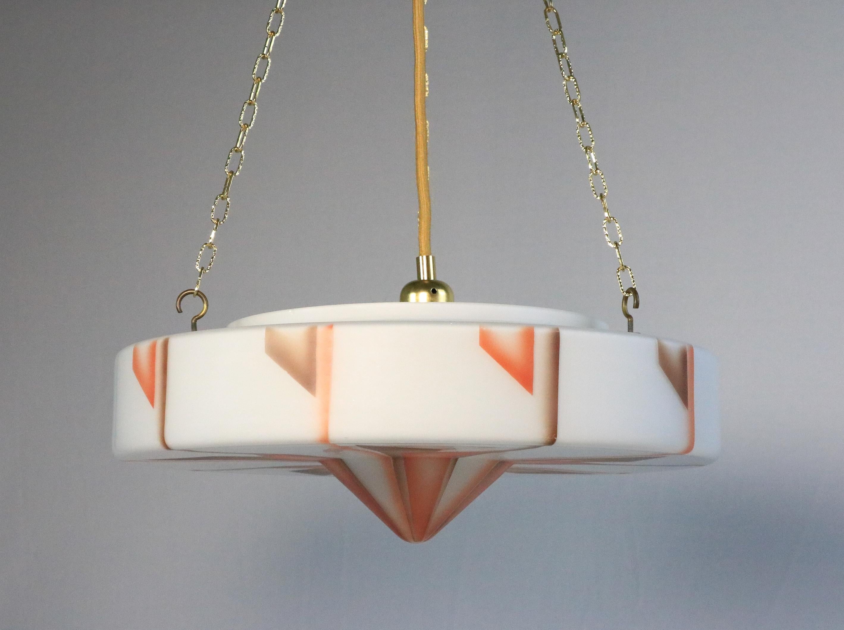 Originale lampada a sospensione in vetro Art Deco, lampada, vetro, motivo geometrico1940 In condizioni buone in vendita a Berlin, BE
