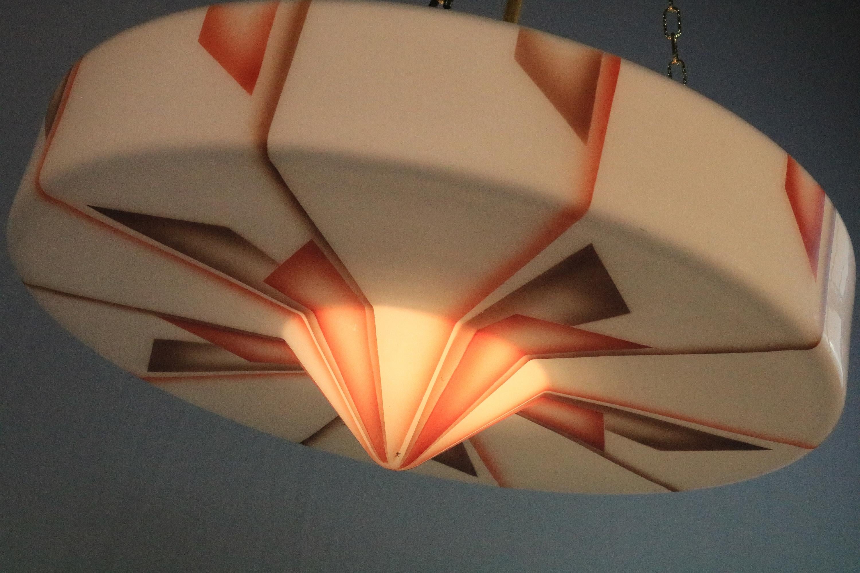 Originale lampada a sospensione in vetro Art Deco, lampada, vetro, motivo geometrico1940 in vendita 1