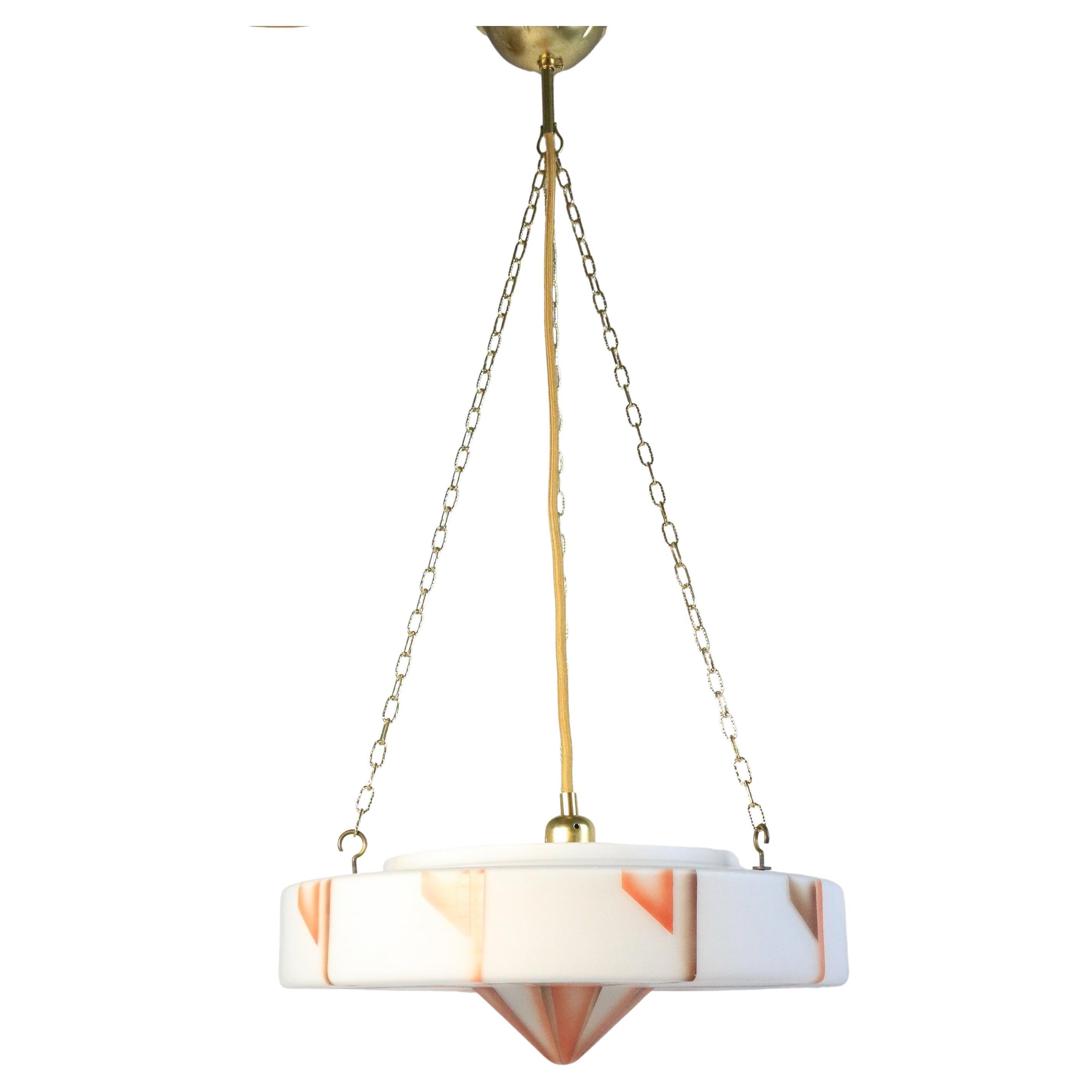 Originale lampada a sospensione in vetro Art Deco, lampada, vetro, motivo geometrico1940