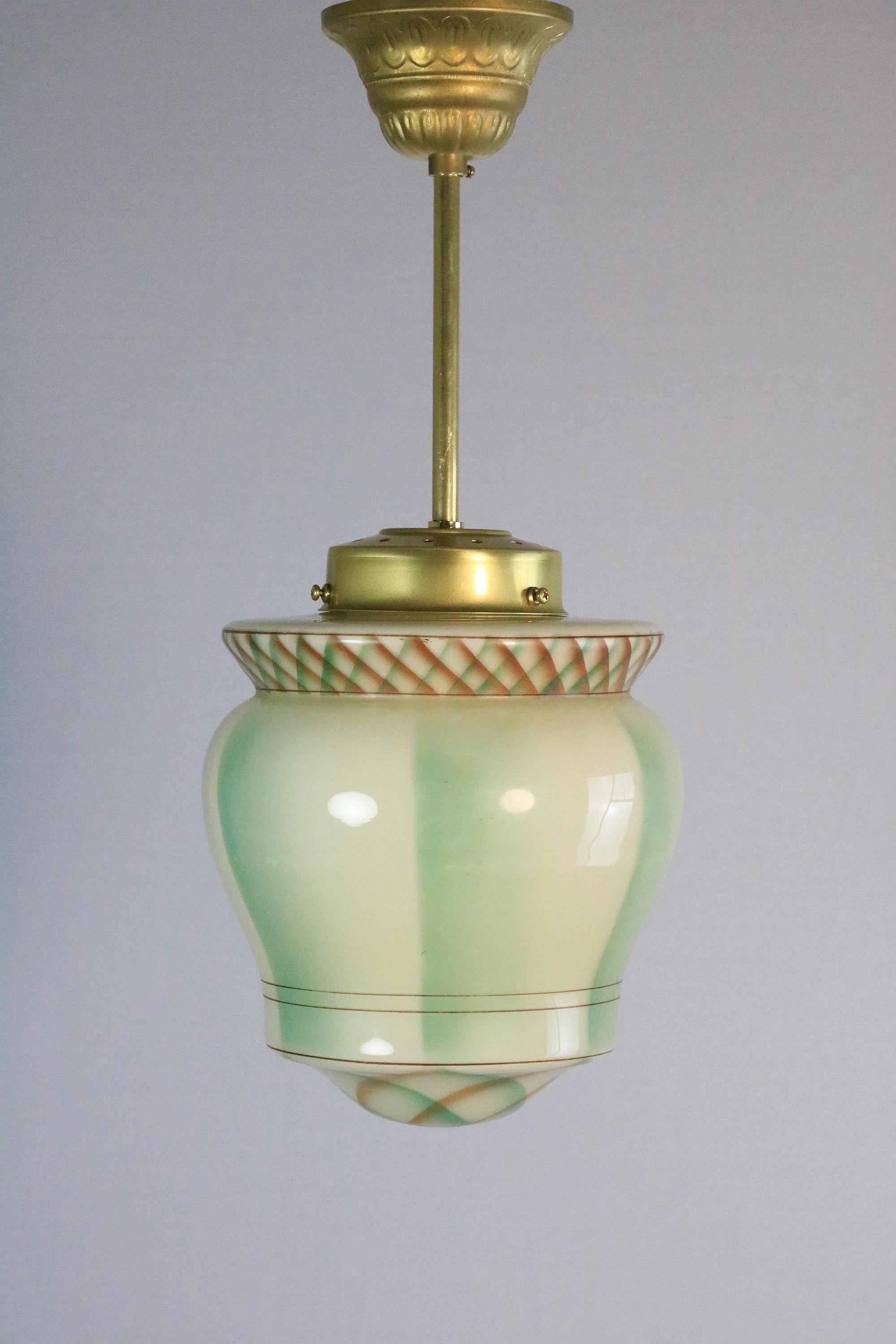 German Original Art Deco Glass Hanging Light, Lamp, Green Glass / Brass, 1920s For Sale