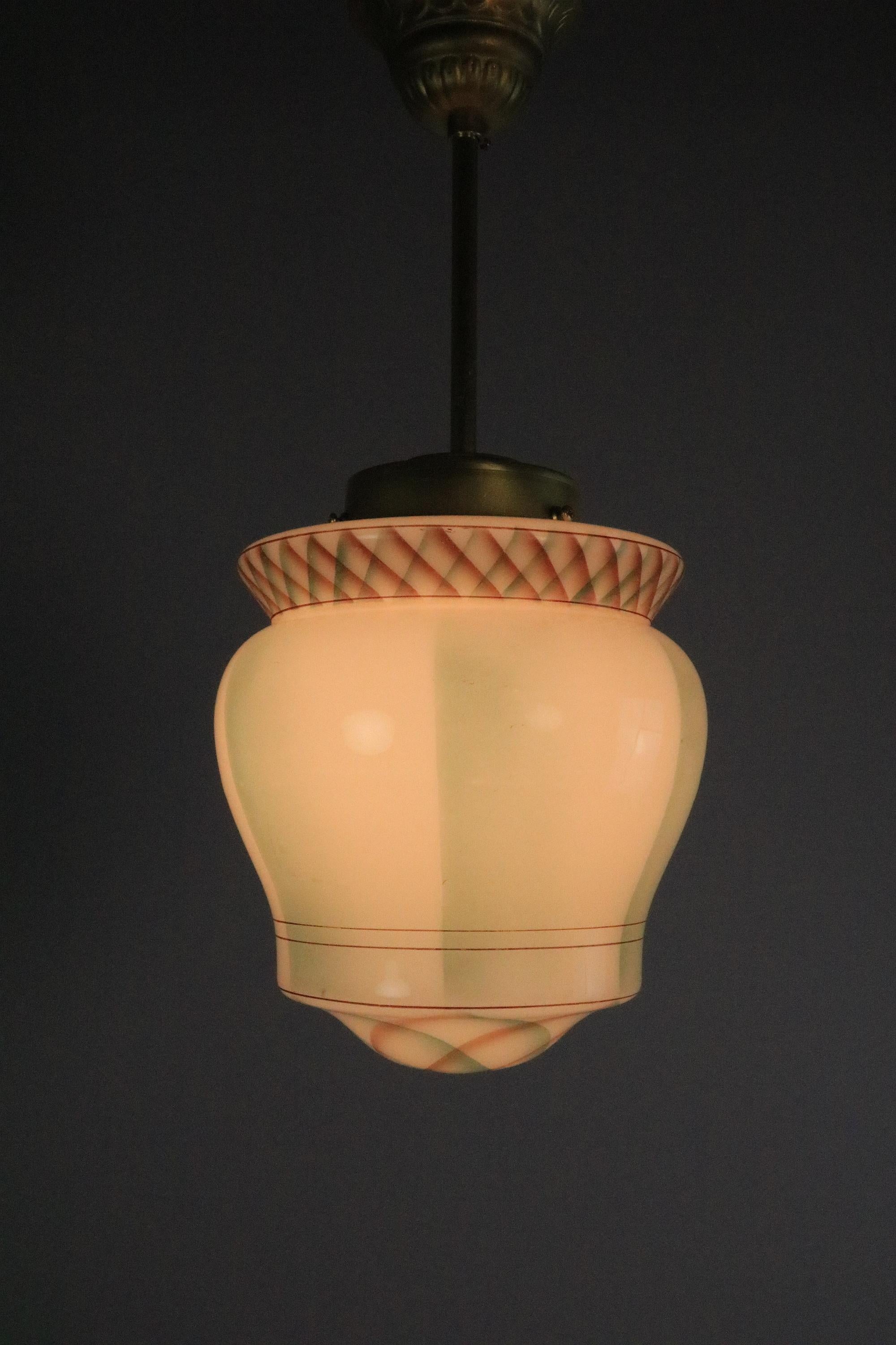 Original Art Deco Glass Hanging Light, Lamp, Green Glass / Brass, 1920s In Good Condition For Sale In Berlin, BE