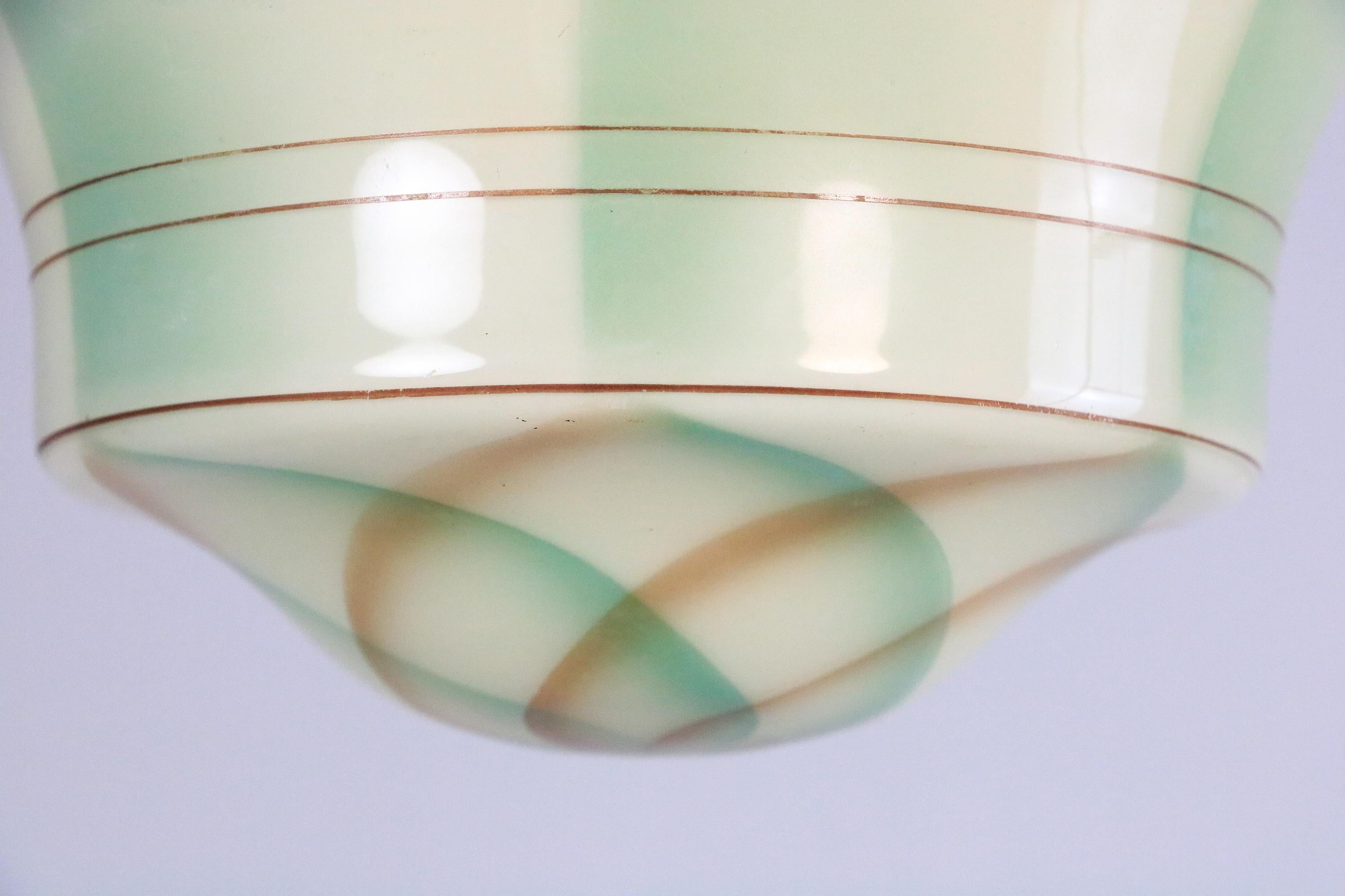 Early 20th Century Original Art Deco Glass Hanging Light, Lamp, Green Glass / Brass, 1920s For Sale