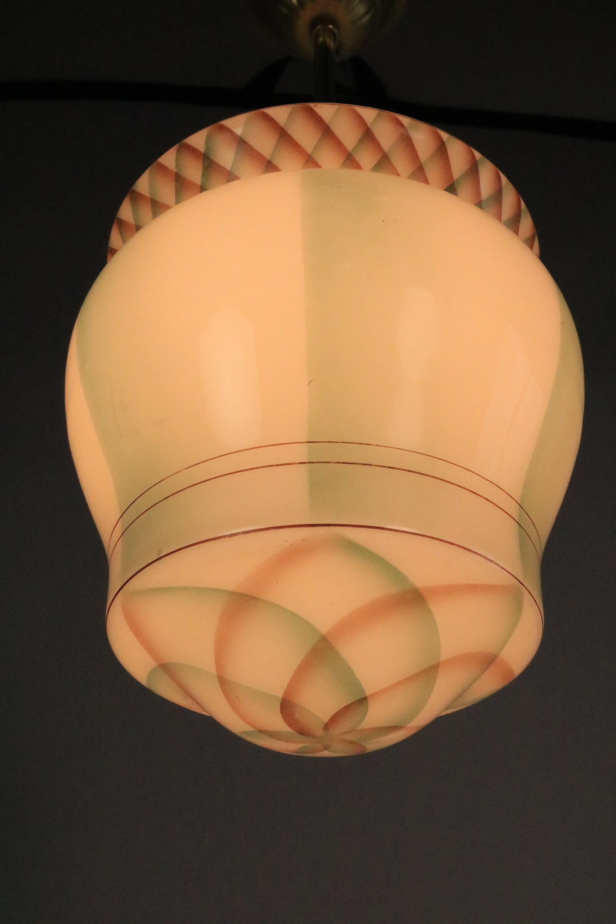 Original Art Deco Glass Hanging Light, Lamp, Green Glass / Brass, 1920s For Sale 1