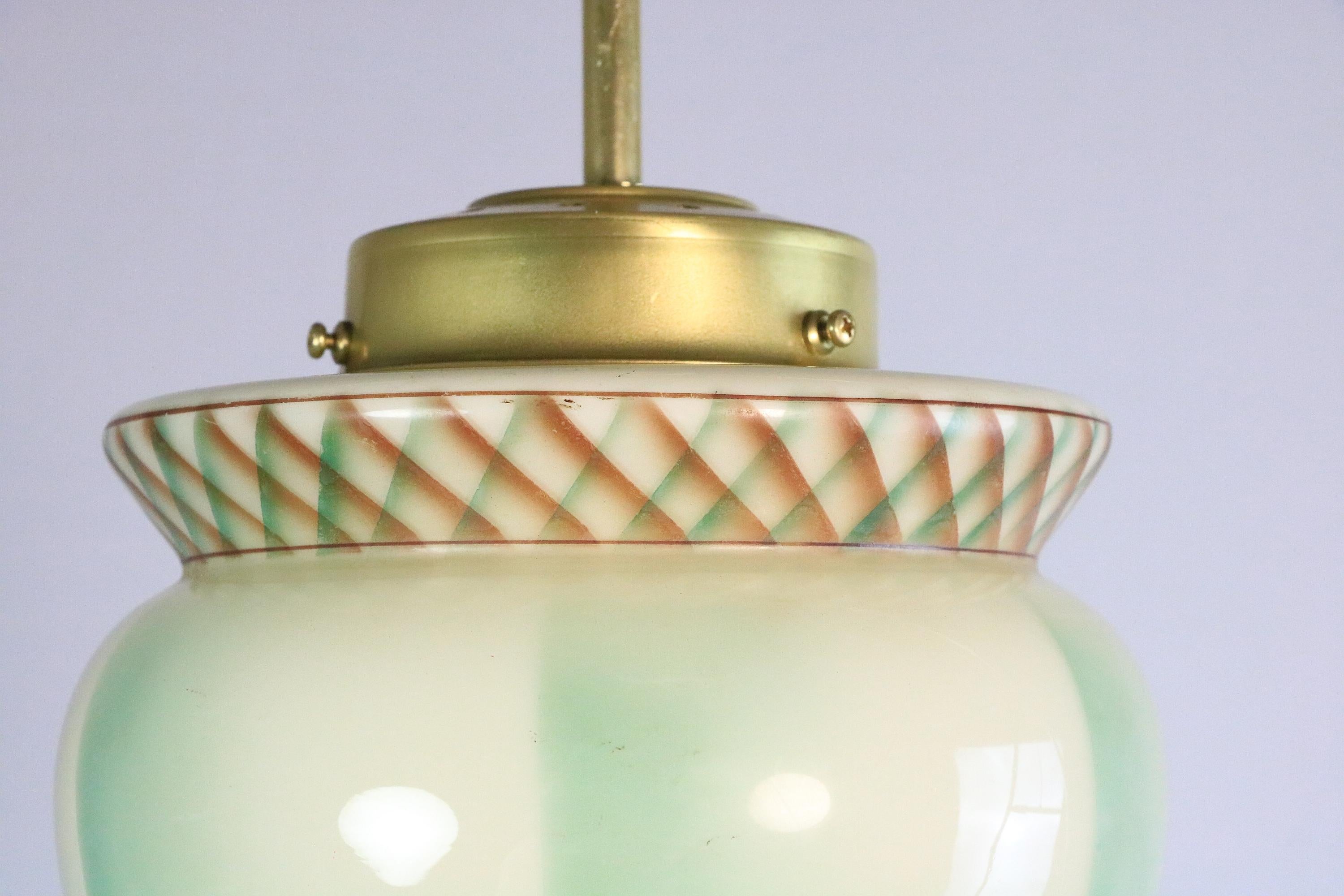 Original Art Deco Glass Hanging Light, Lamp, Green Glass / Brass, 1920s For Sale 2