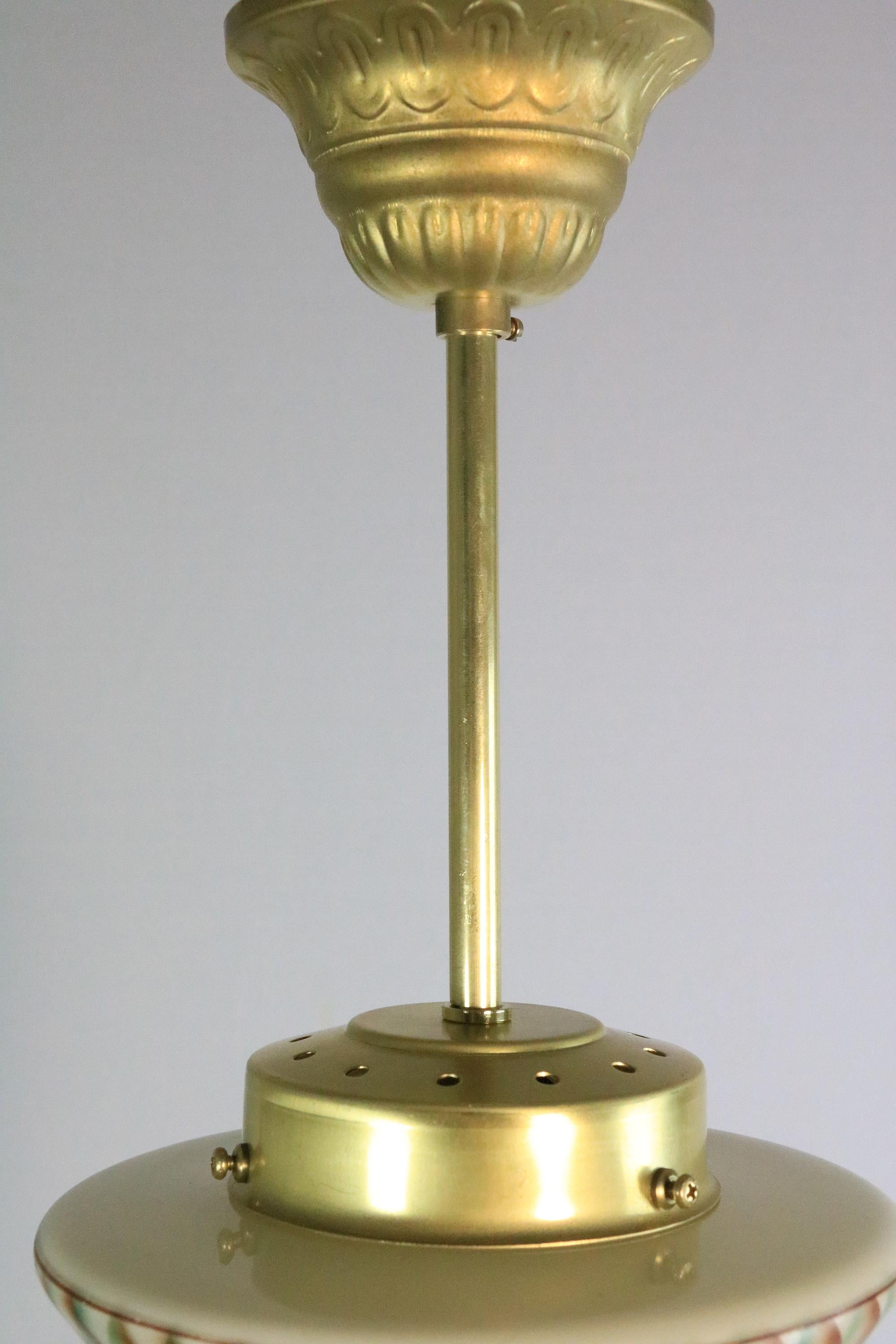 Original Art Deco Glass Hanging Light, Lamp, Green Glass / Brass, 1920s For Sale 3