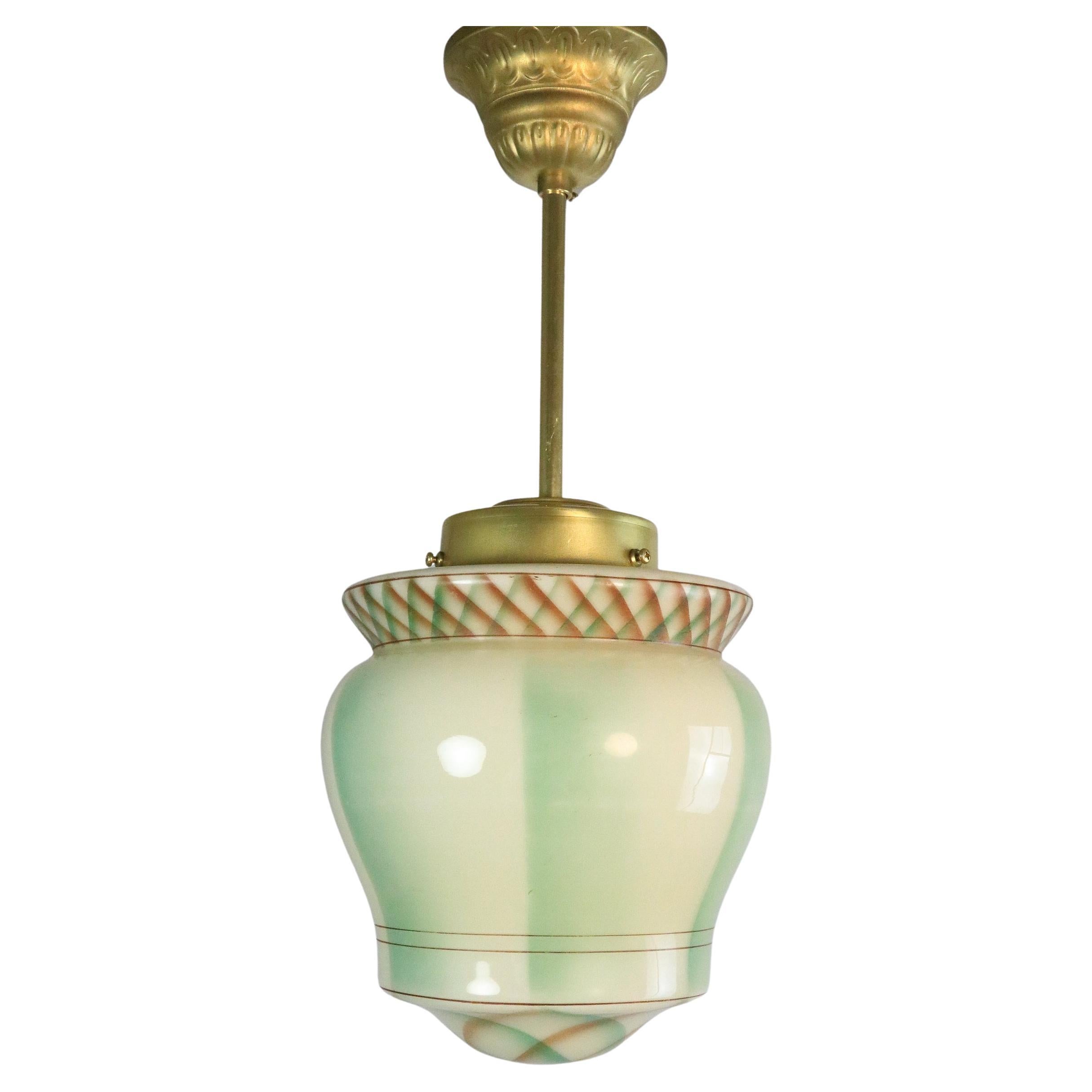 Original Art Deco Glass Hanging Light, Lamp, Green Glass / Brass, 1920s