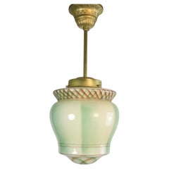 Original Art Deco Glass Hanging Light, Lamp, Green Glass / Brass, 1920s