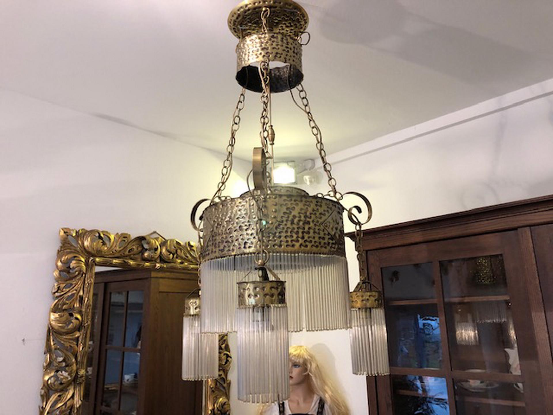 German Original Art Deco Hanging Lamp Chandelier Brass with Glass Rods For Sale
