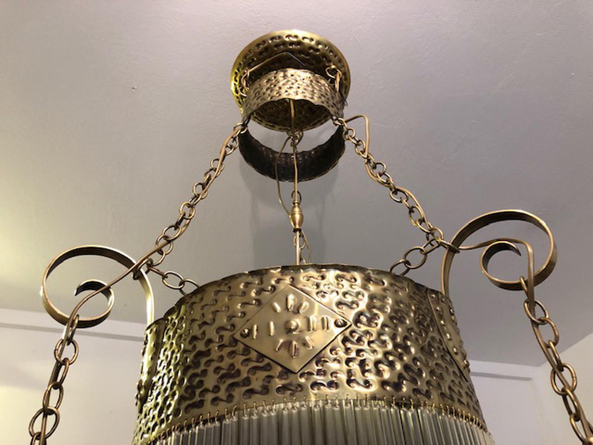 Hand-Crafted Original Art Deco Hanging Lamp Chandelier Brass with Glass Rods For Sale