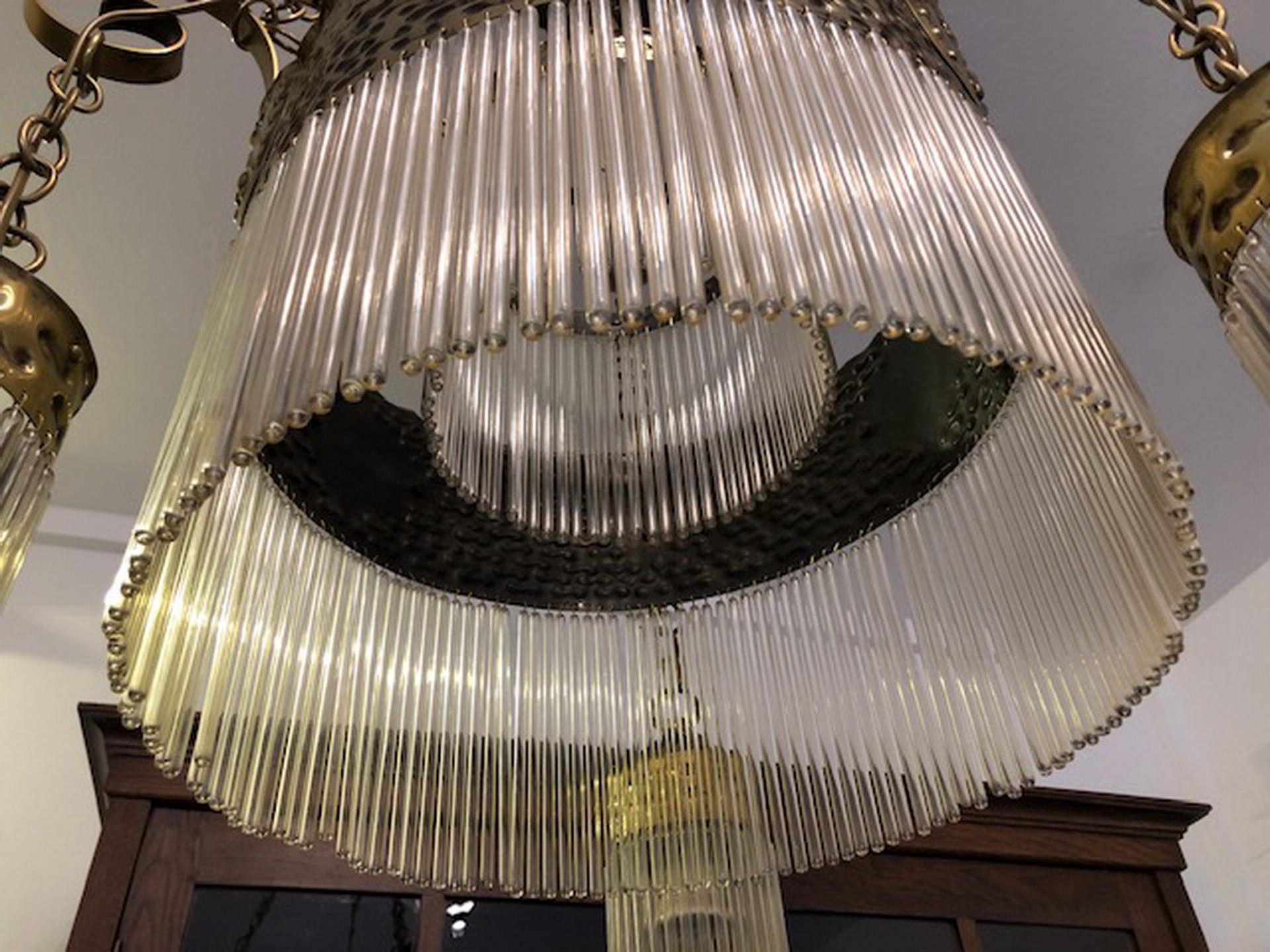 Original Art Deco Hanging Lamp Chandelier Brass with Glass Rods In Good Condition For Sale In Senden, NRW