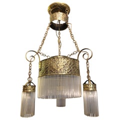 Antique Original Art Deco Hanging Lamp Chandelier Brass with Glass Rods