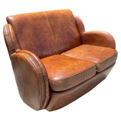 Original Art Deco Harry & Lou Epstein Distressed Leather Sofa