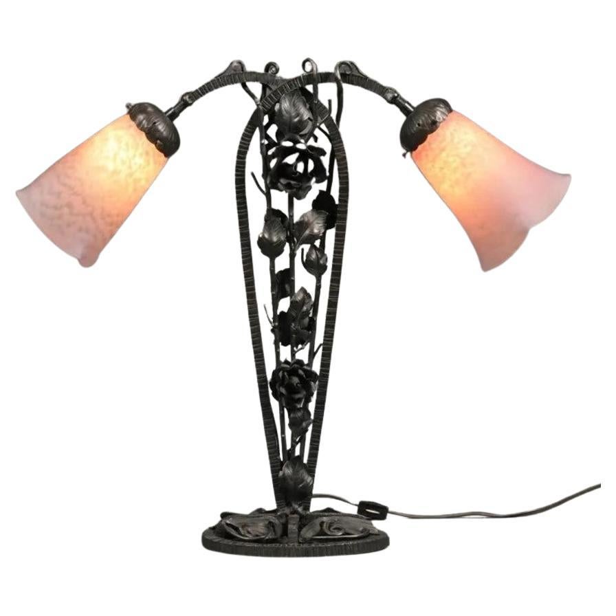 Original Art Deco Large Deluxe European Double Lily Shade Charles Schneider Lamp For Sale