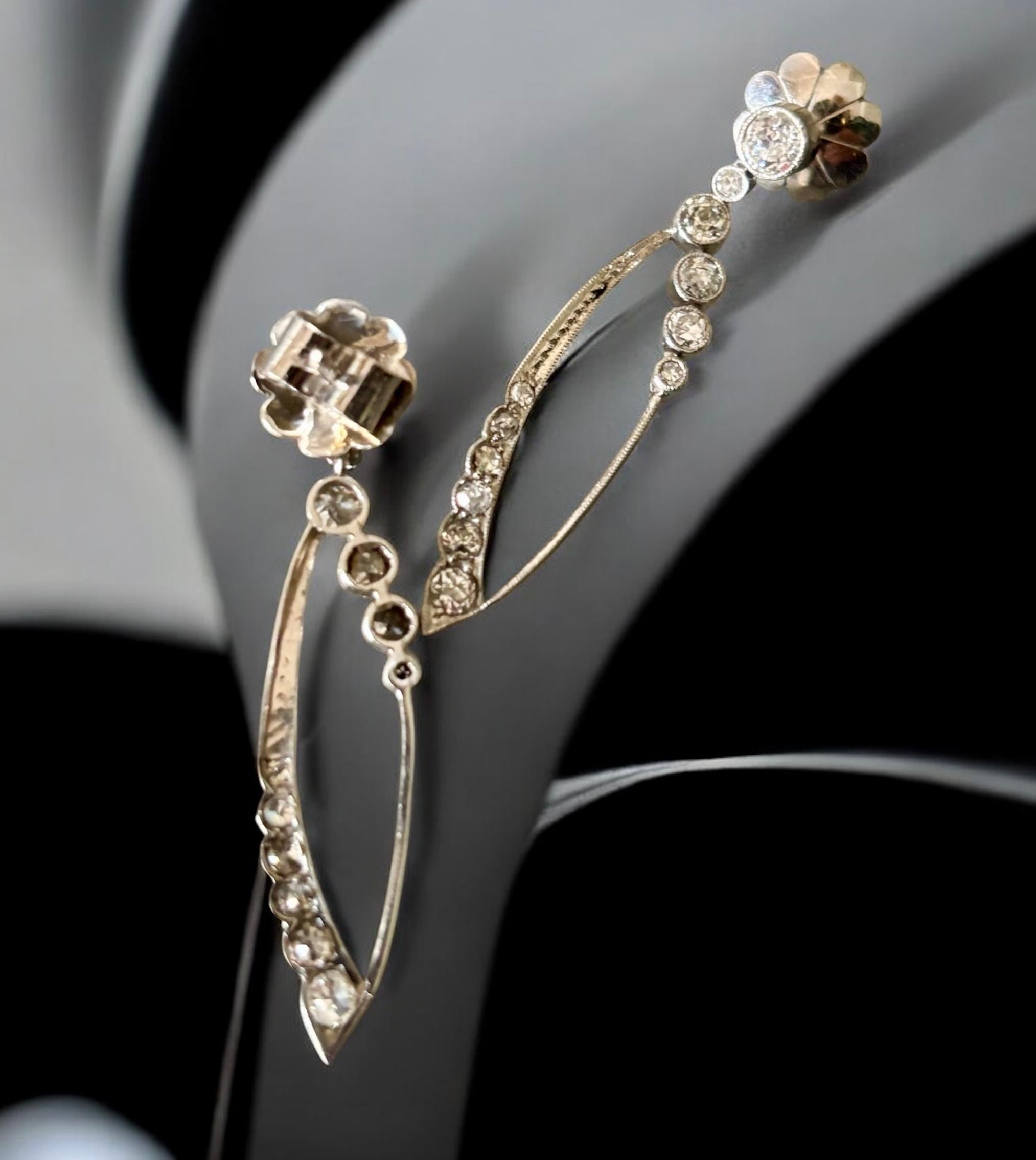 Original Art Deco Long Platinum Diamond Dangle Earrings. Circa 1925 For Sale 6