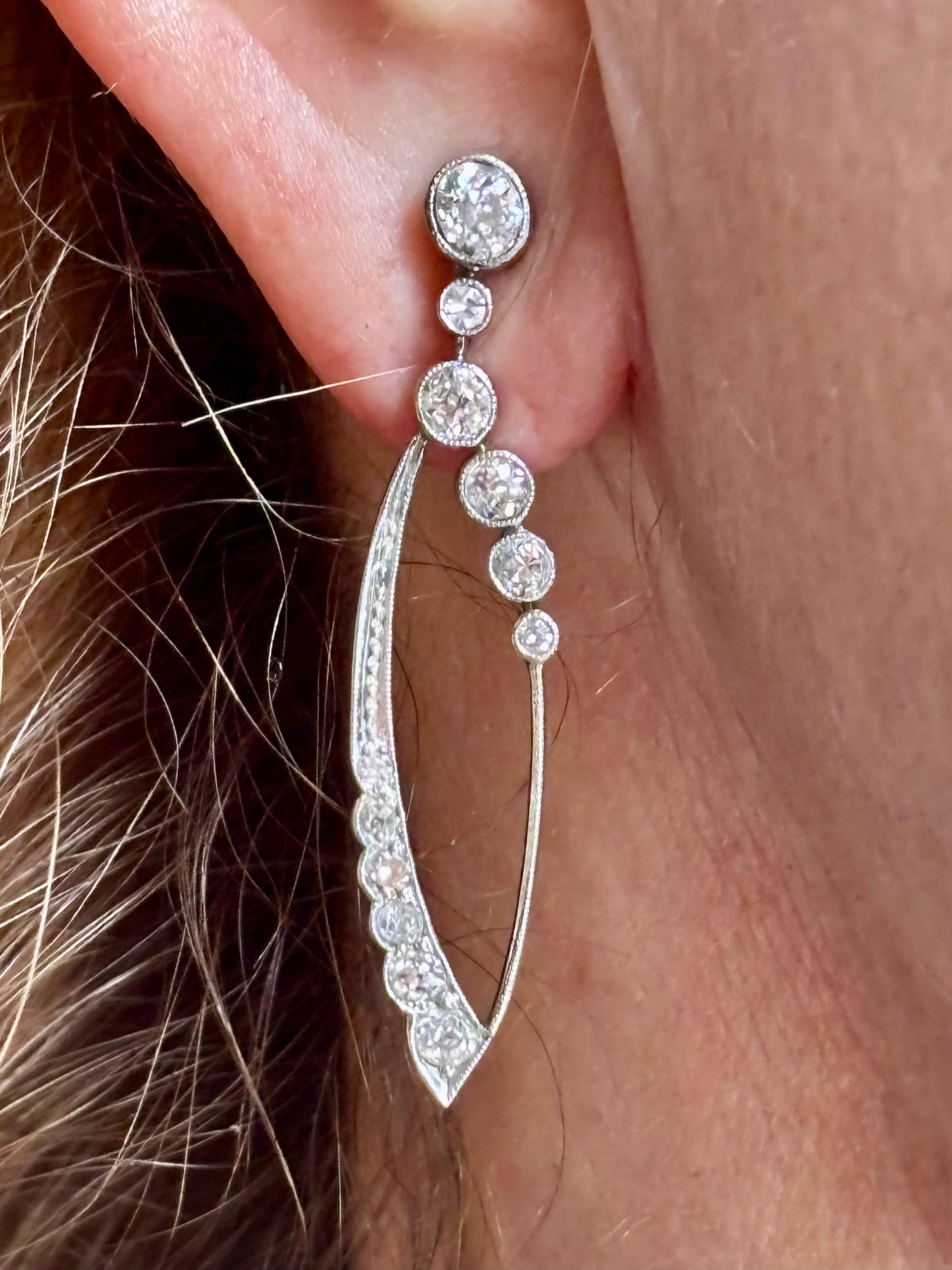 Original Art Deco Long Platinum Diamond Dangle Earrings. Circa 1925 For Sale 7