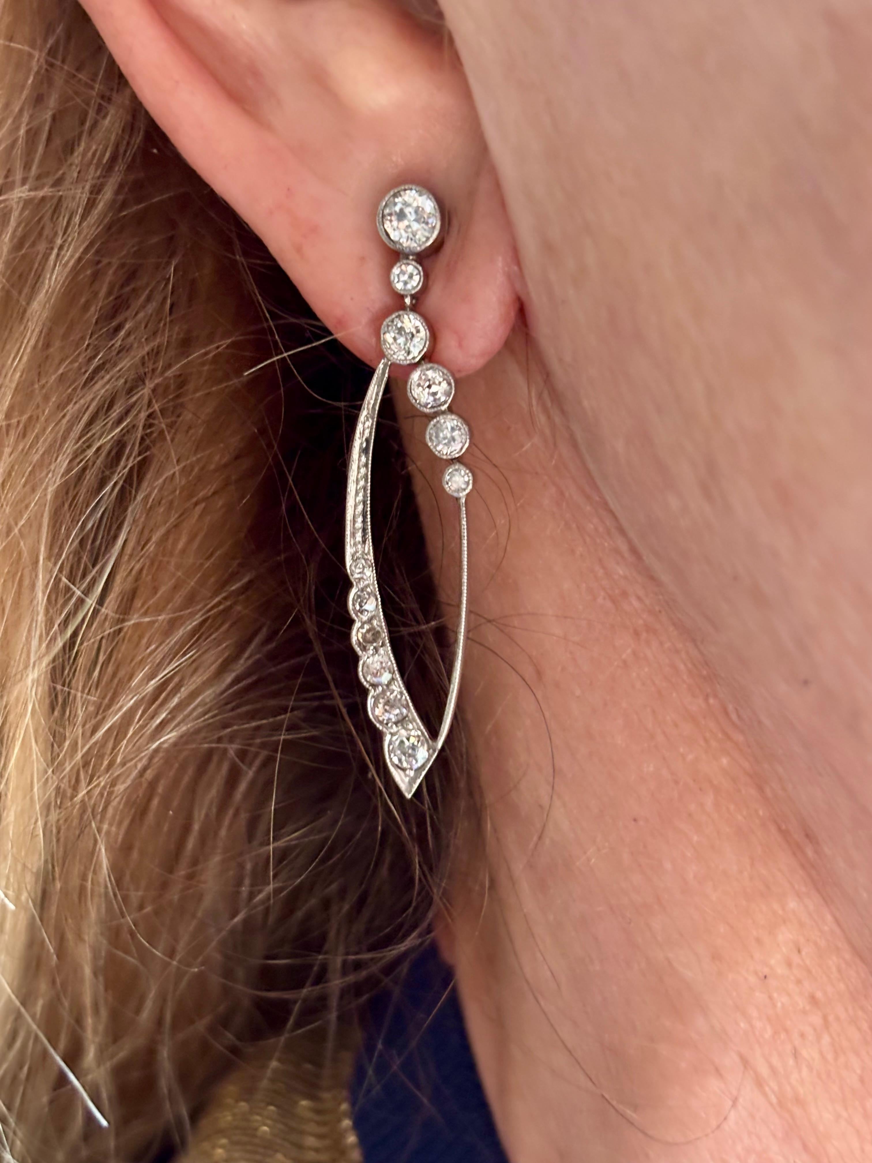 Original Art Deco Long Platinum Diamond Dangle Earrings. Circa 1925 For Sale 8