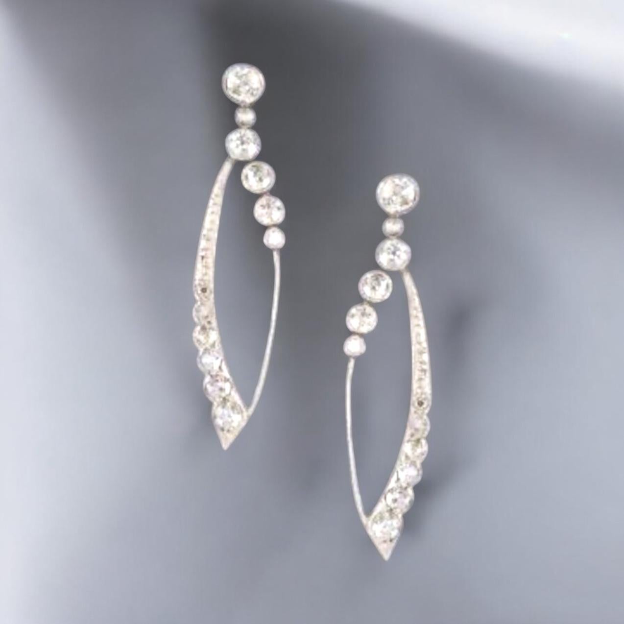 Original Art Deco Long Platinum Diamond Dangle Earrings. Circa 1925 For Sale 2