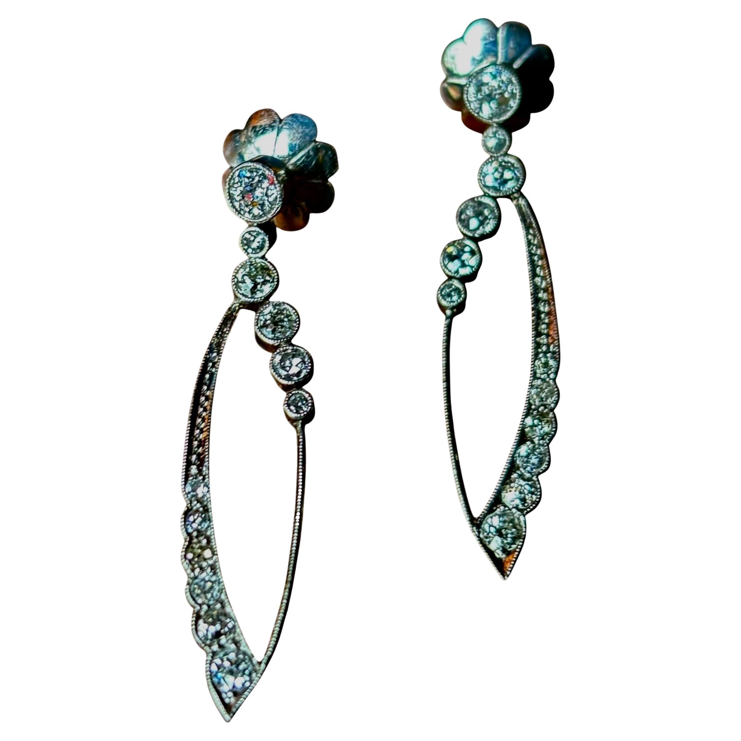 Original Art Deco Long Platinum Diamond Dangle Earrings. Circa 1925
