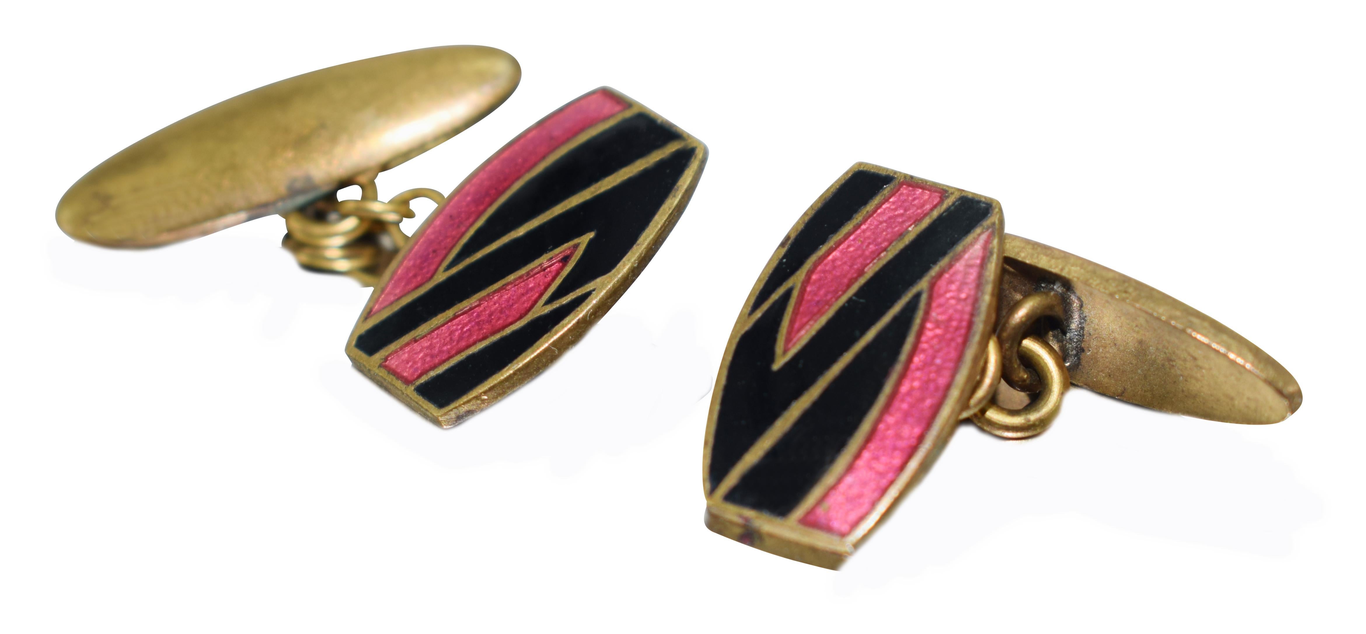 For the gentlemen out there who lean towards something a little different, less generic and oozing style consider these original matching pair of Art Deco gents cufflinks with a great geometric pattern. Gold toned metal with pink and black enamel