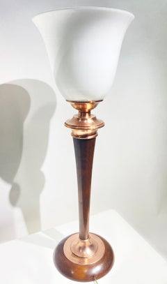 Original Art Deco "Mazda" Table Lamp, Copper and Wood, France circa 1930