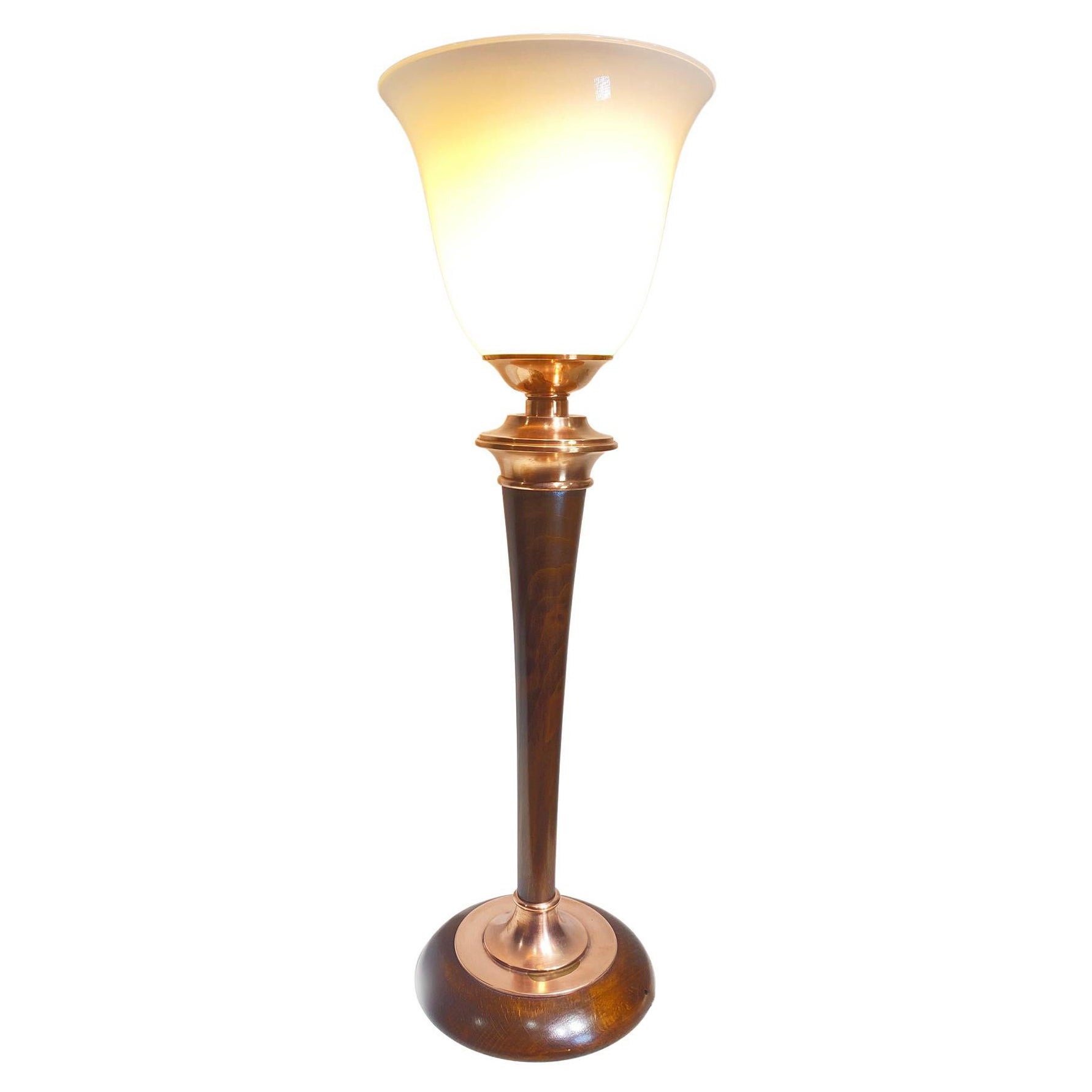 Lampe de bureau Art Déco originale "Mazda", cuivre et bois, France, vers 1930