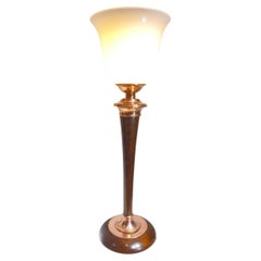 Original Art-Déco-Tischlampe „Mazda“, Kupfer und Holz, Frankreich um 1930