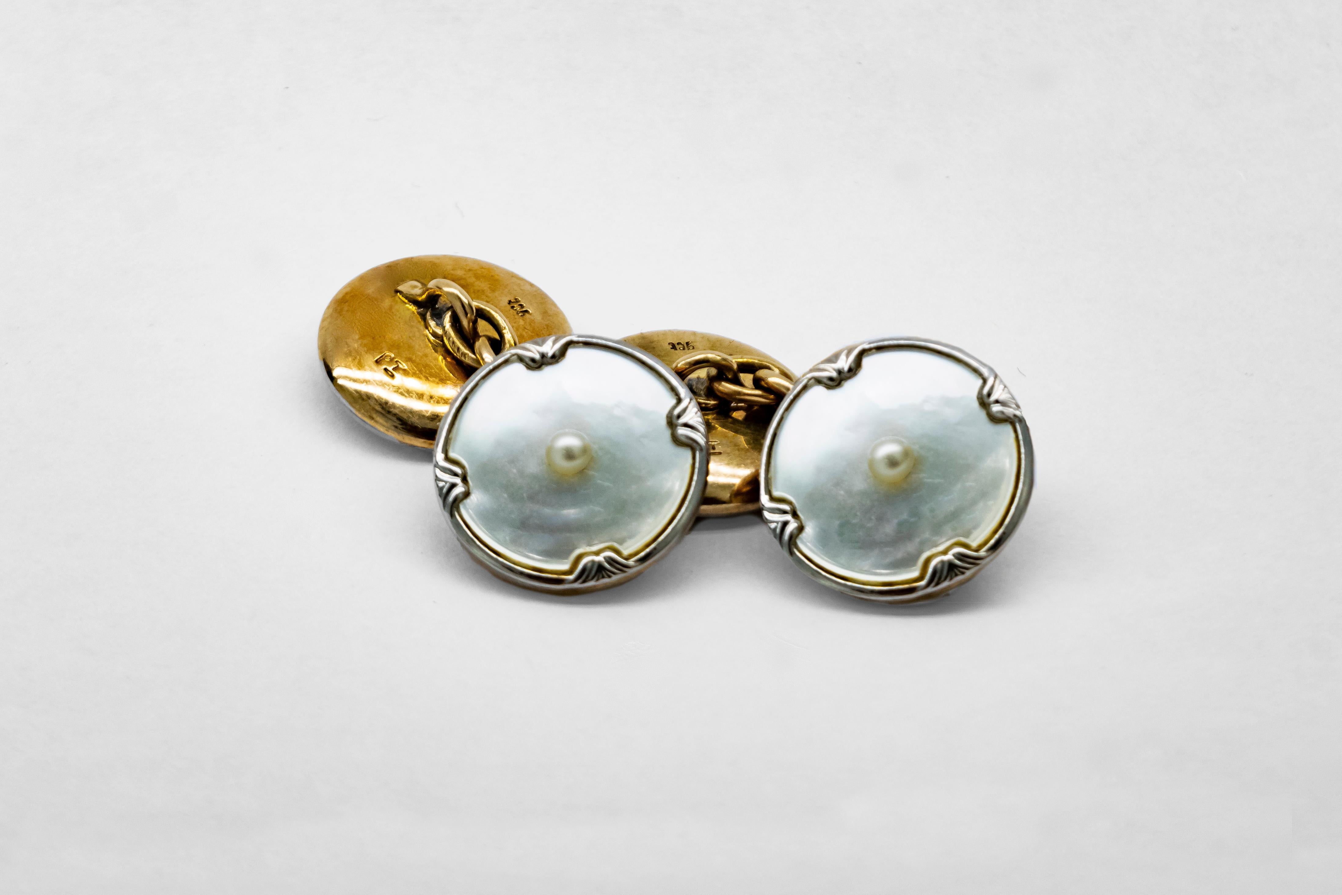 Art Deco Mother-of-Pearl and Gold Tuxedo Suite of Cufflinks For Sale 1