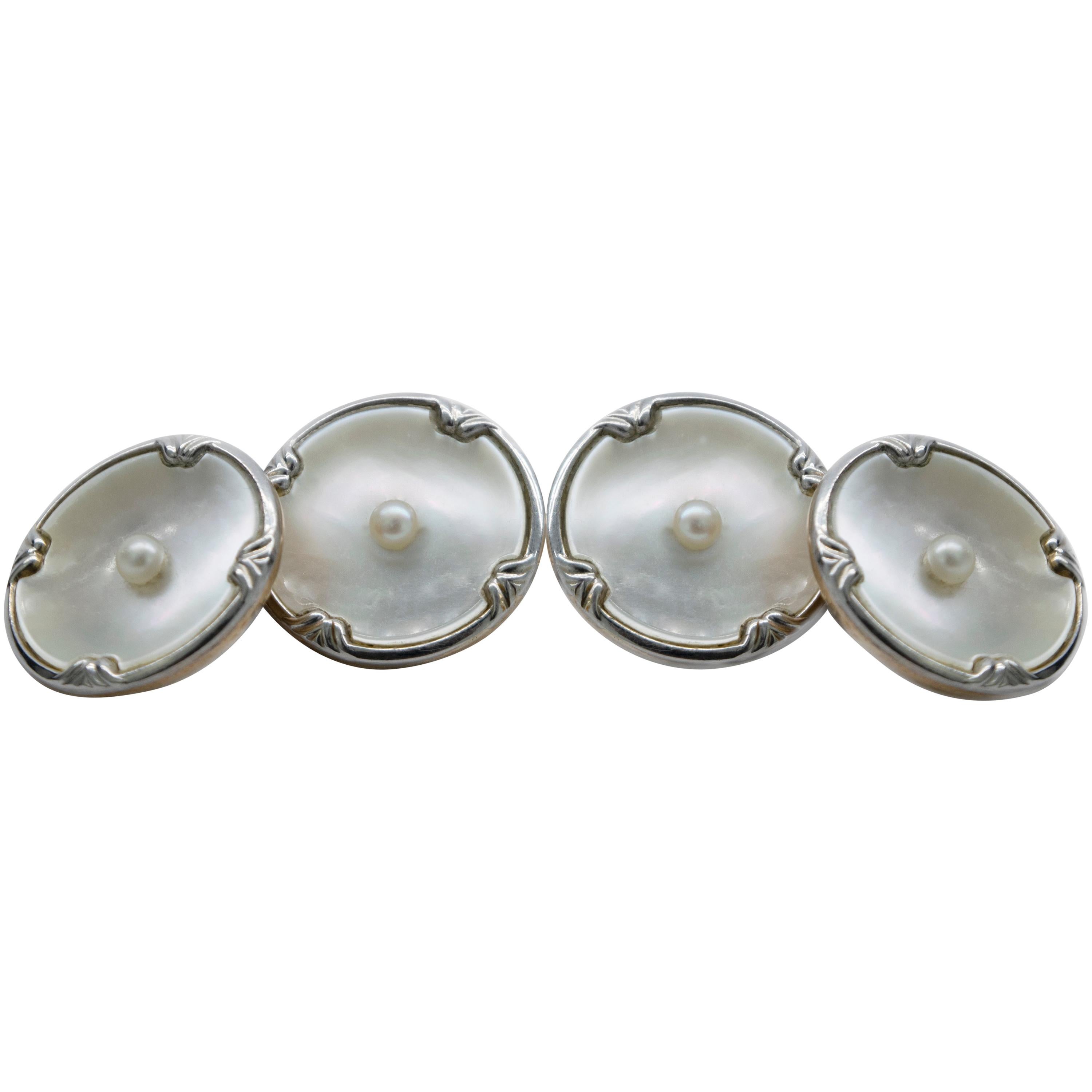 Art Deco Mother-of-Pearl and Gold Tuxedo Suite of Cufflinks For Sale