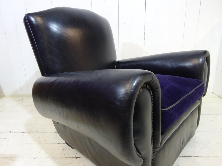 Early 20th Century Original Art Deco Moustache Back Leather Club Chair  For Sale
