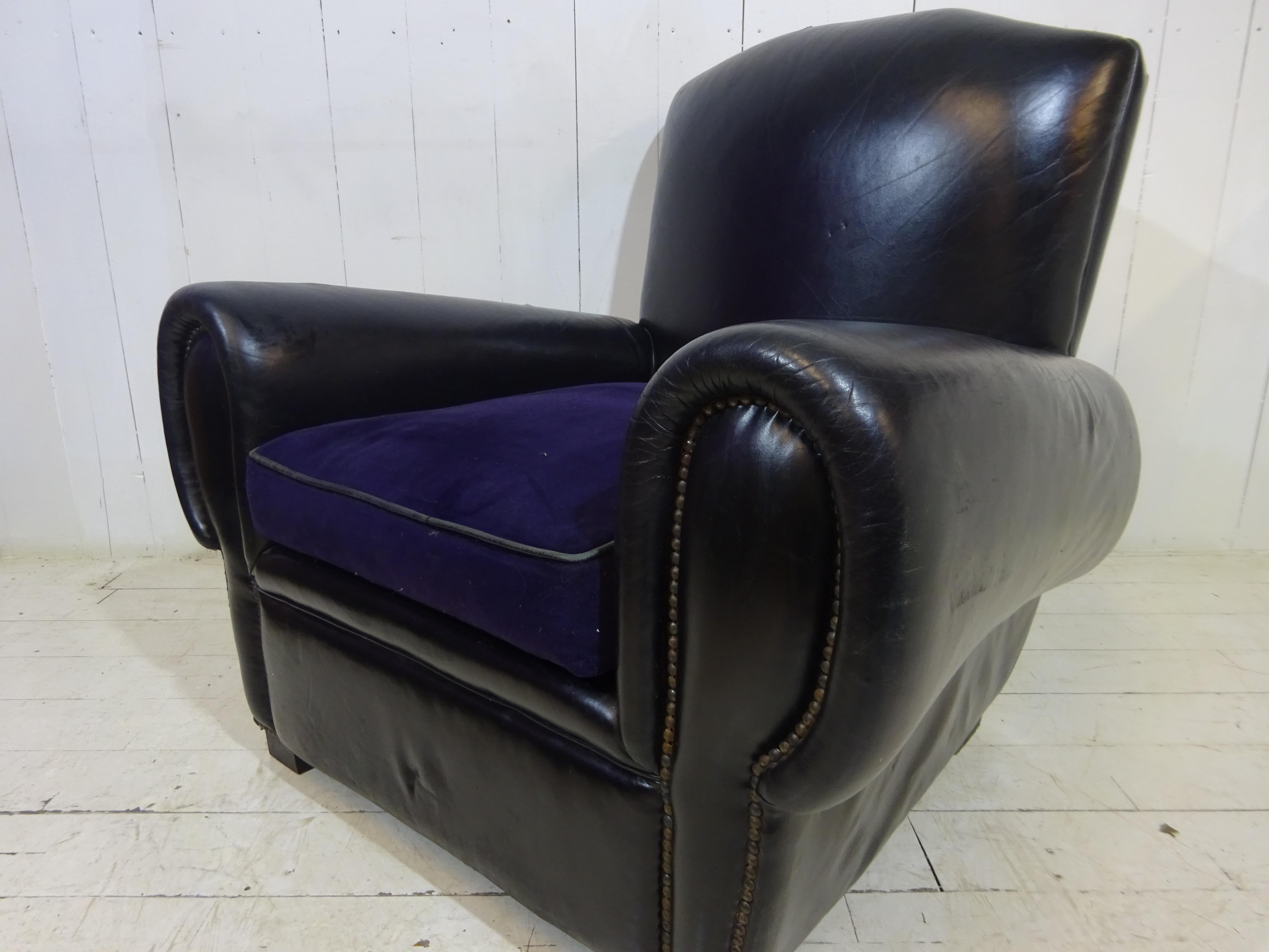 Original Art Deco Moustache Back Leather Club Chair  1