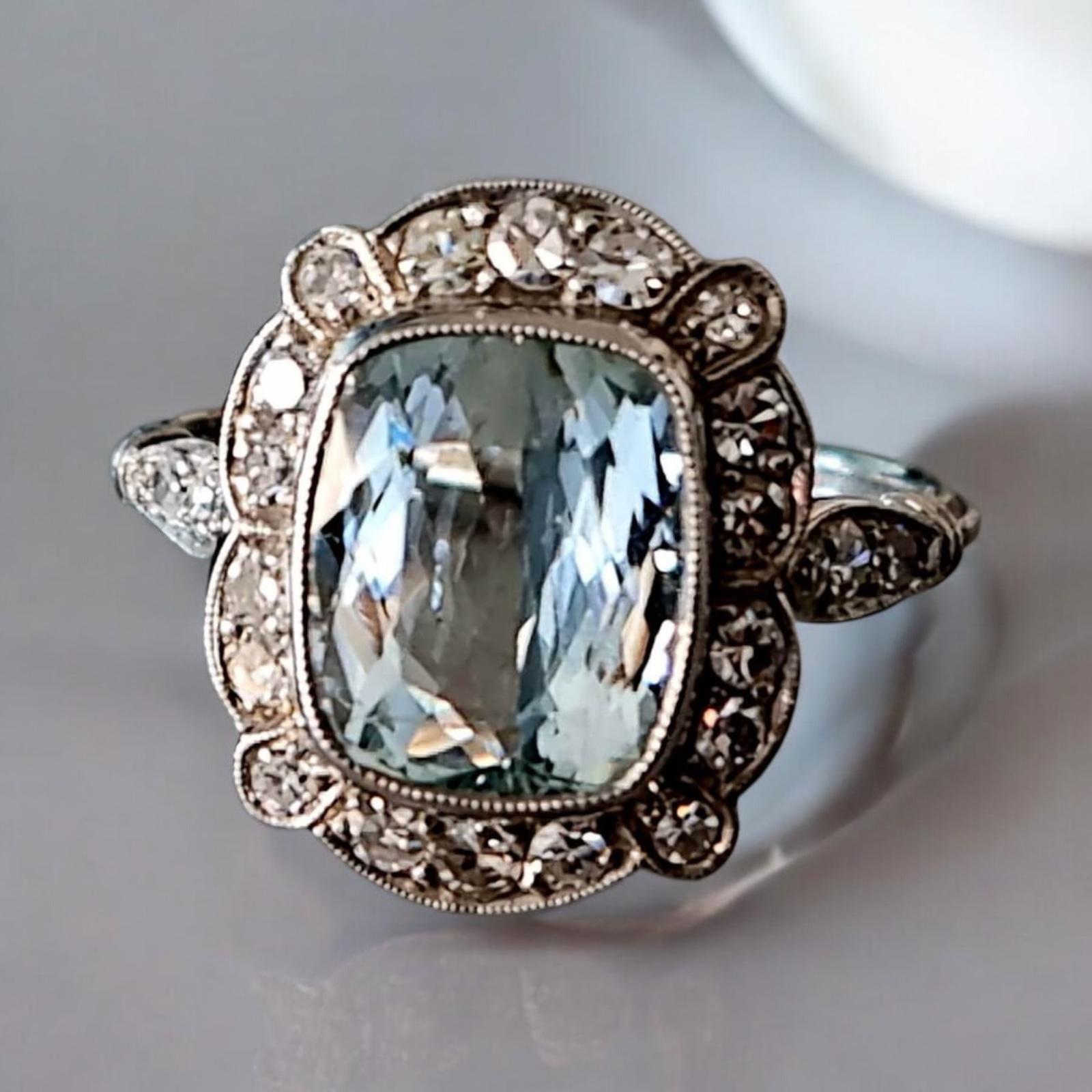 Cushion Cut Original Art Deco Natural Aquamarine and Diamond  Cluster Ring For Sale