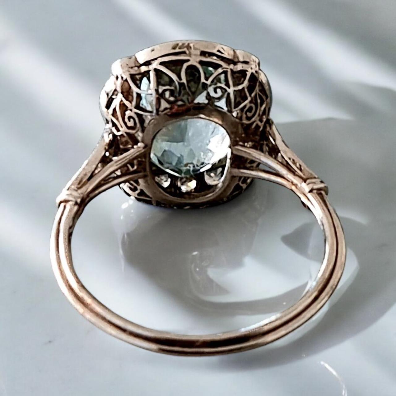 Women's Original Art Deco Natural Aquamarine and Diamond  Cluster Ring For Sale