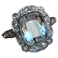 Antique Original Art Deco Natural Aquamarine and Diamond  Cluster Ring