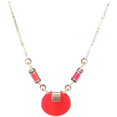 Original Art Deco Necklace by Jakob Bengel in Chrome with Red and Black Galalith
