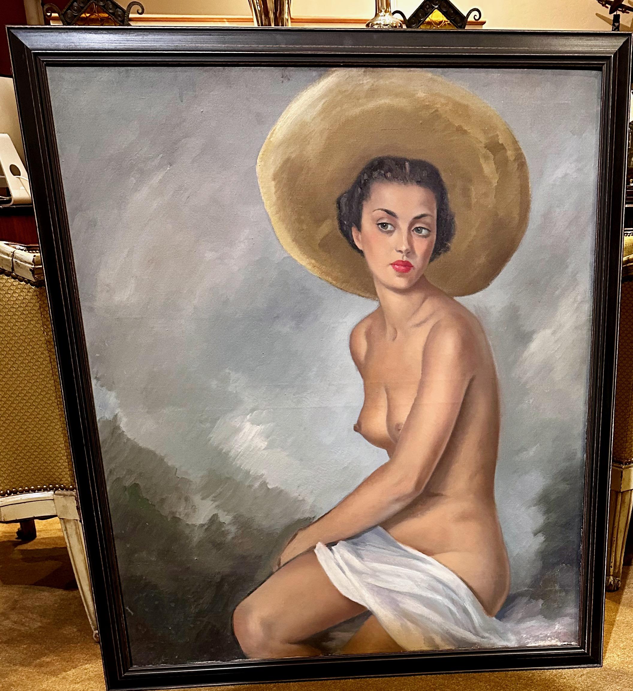 Peinture originale de nu Art Déco, huile sur toile. Belle jeune femme avec un grand chapeau de paille posant avec l'horizon en arrière-plan. Pose démonstrative à l'espagnole. Peinture non signée à l'huile sur toile et achetée en