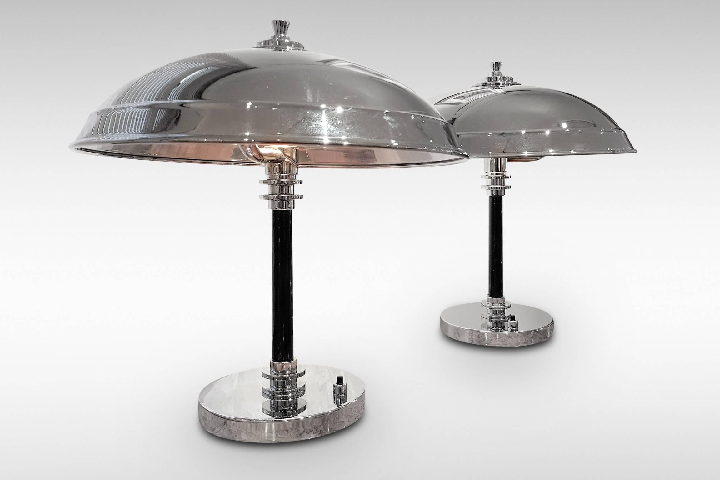 A stylish original pair of Art Deco dome lamps with deep blue Erinoid columns on a chrome base and with chrome ring detailing. Erinoid was the brand name of a pioneering plastic similar to bakelite,
circa 1930s-1950s
Fully refurbished, rewired and