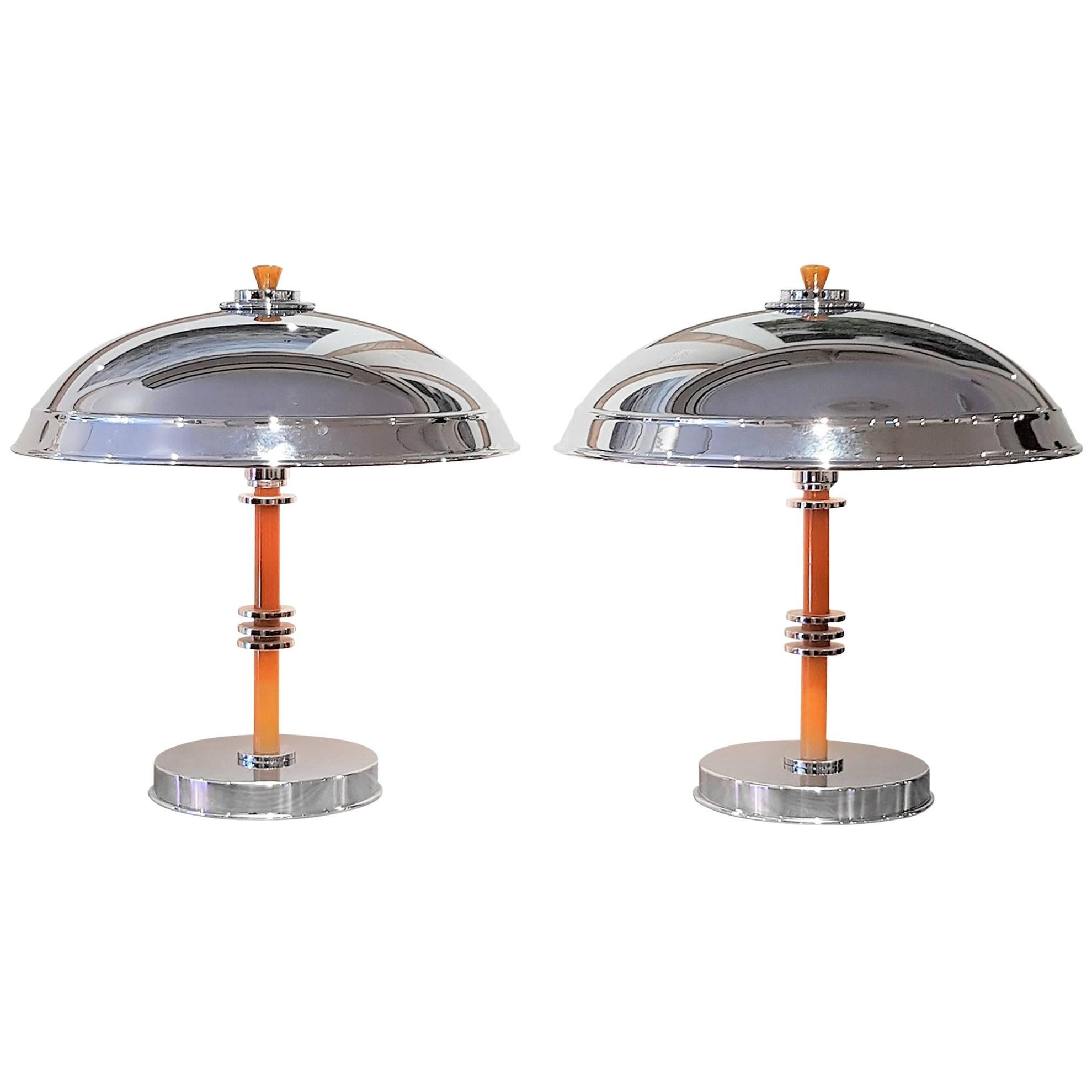 Original Art Deco Pair of Dome Table Lamps with Yellow Bakelite For Sale