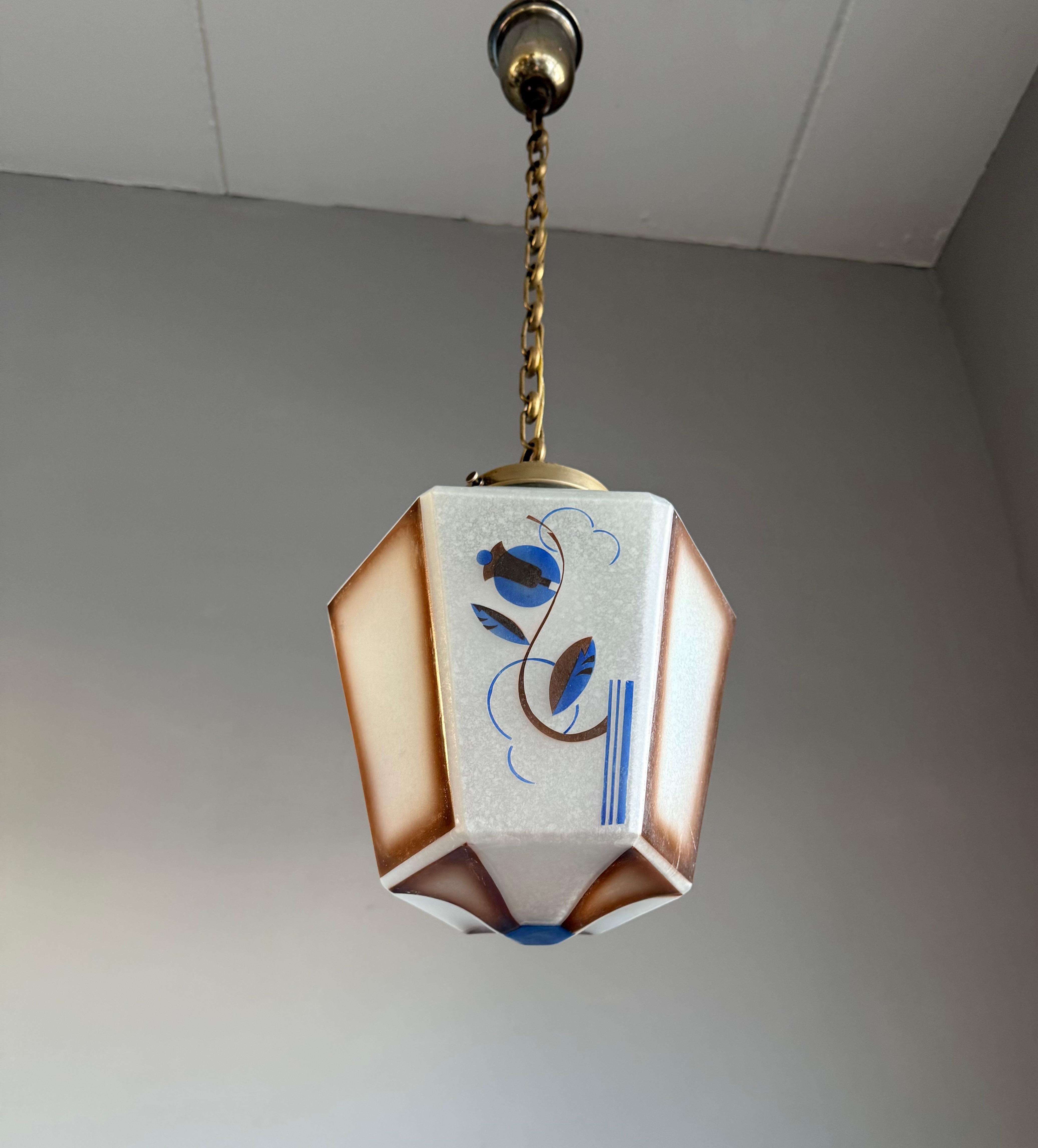 Original Art Deco Pendant from Glass & Brass w Stylized Flower & Leaf Decor 1920 2