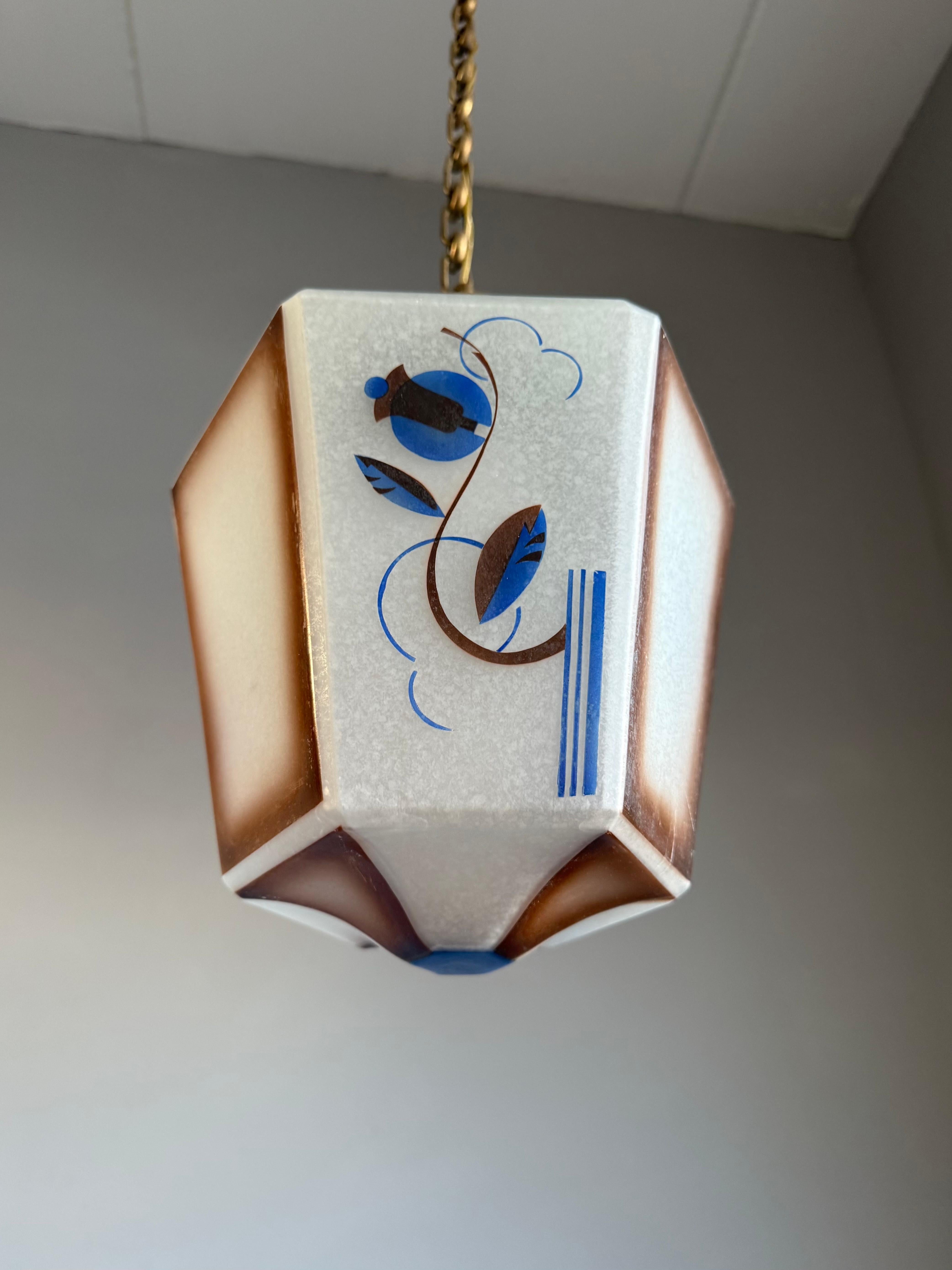 Original Art Deco Pendant from Glass & Brass w Stylized Flower & Leaf Decor 1920 3