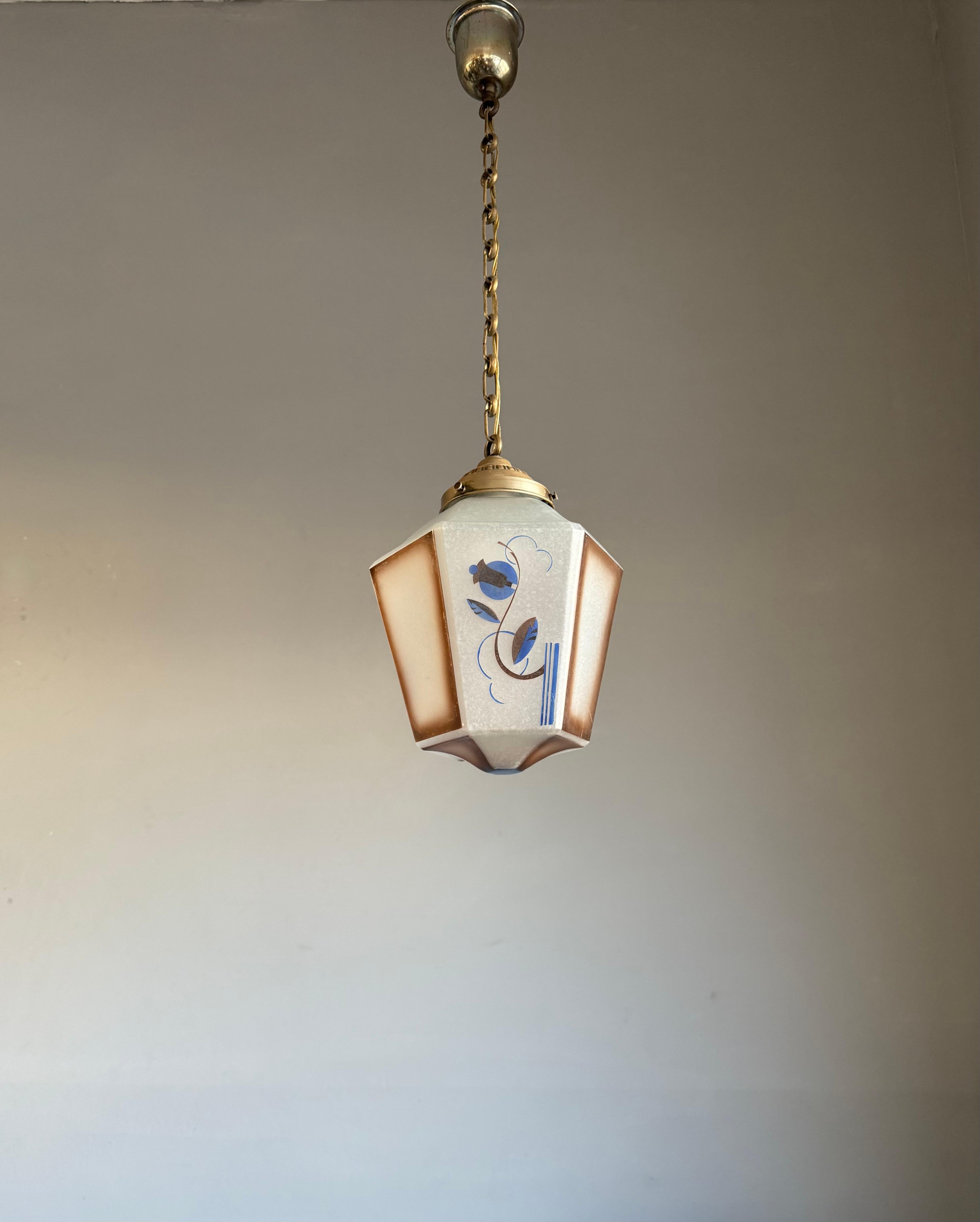 Original Art Deco Pendant from Glass & Brass w Stylized Flower & Leaf Decor 1920 4